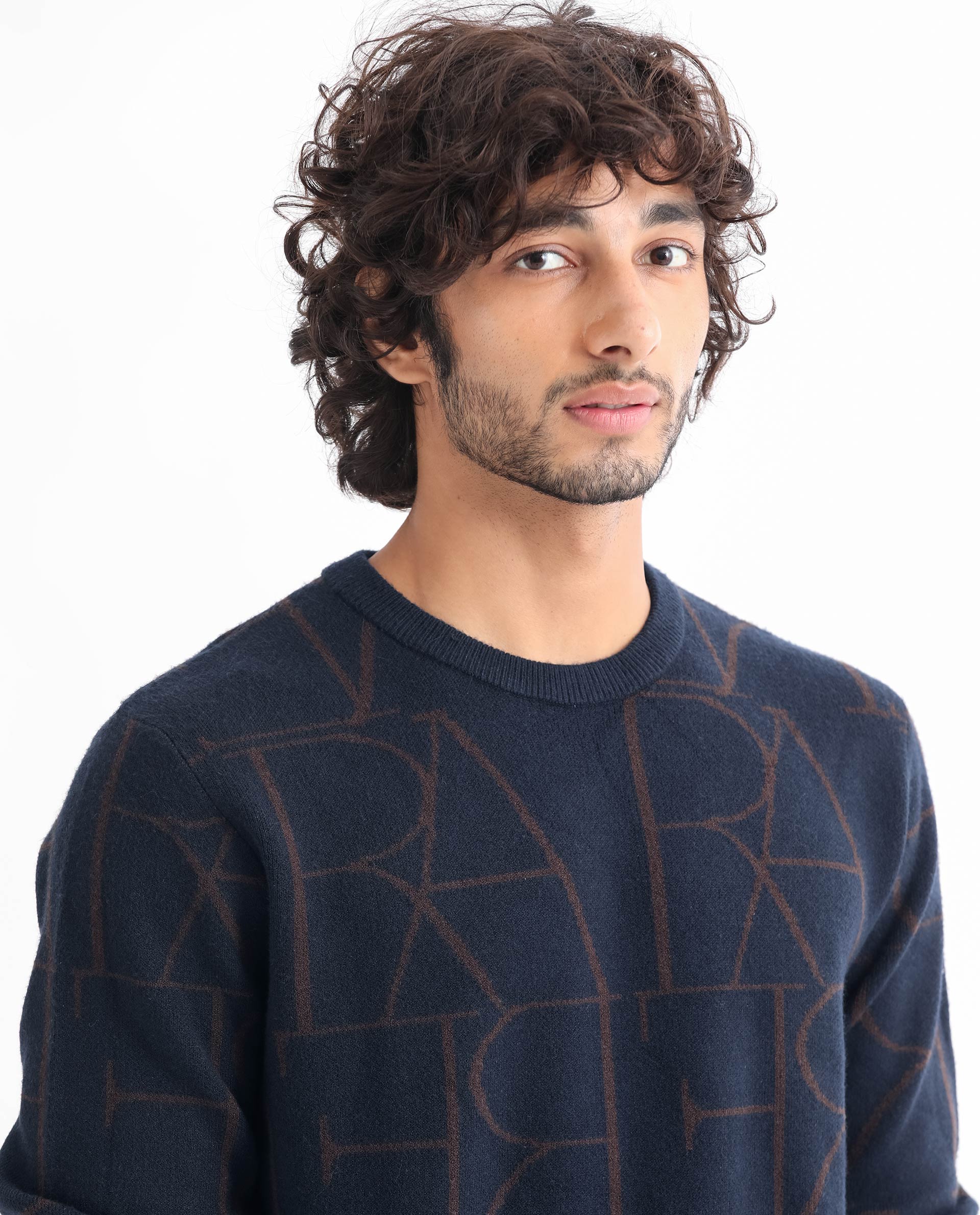 Rare Rabbit Men's Carrie Navy Viscose Monogram Print Relaxed Fit Full Sleeve Crew Neck Sweater - Image 2