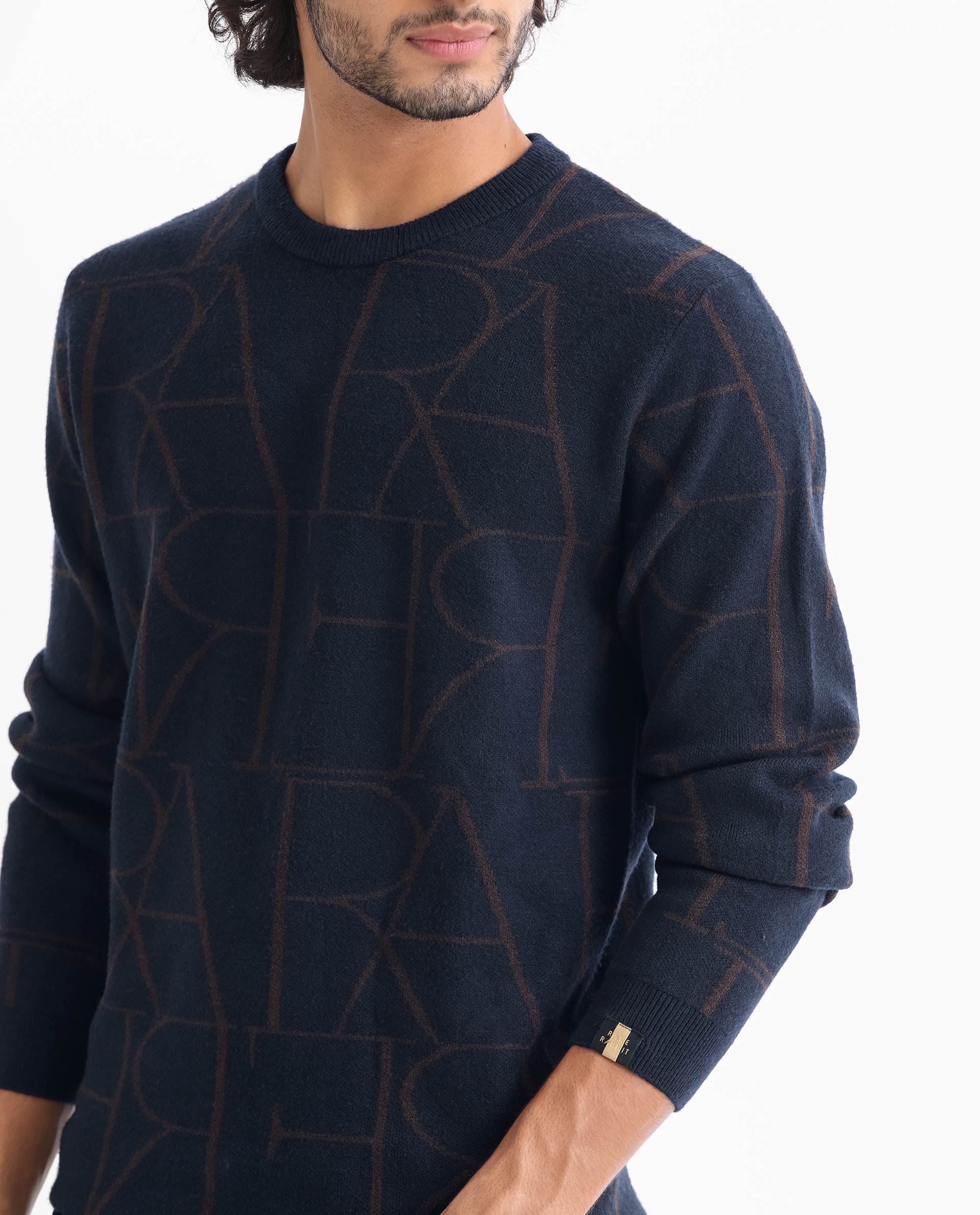 Rare Rabbit Men's Carrie Navy Viscose Monogram Print Relaxed Fit Full Sleeve Crew Neck Sweater - Image 3