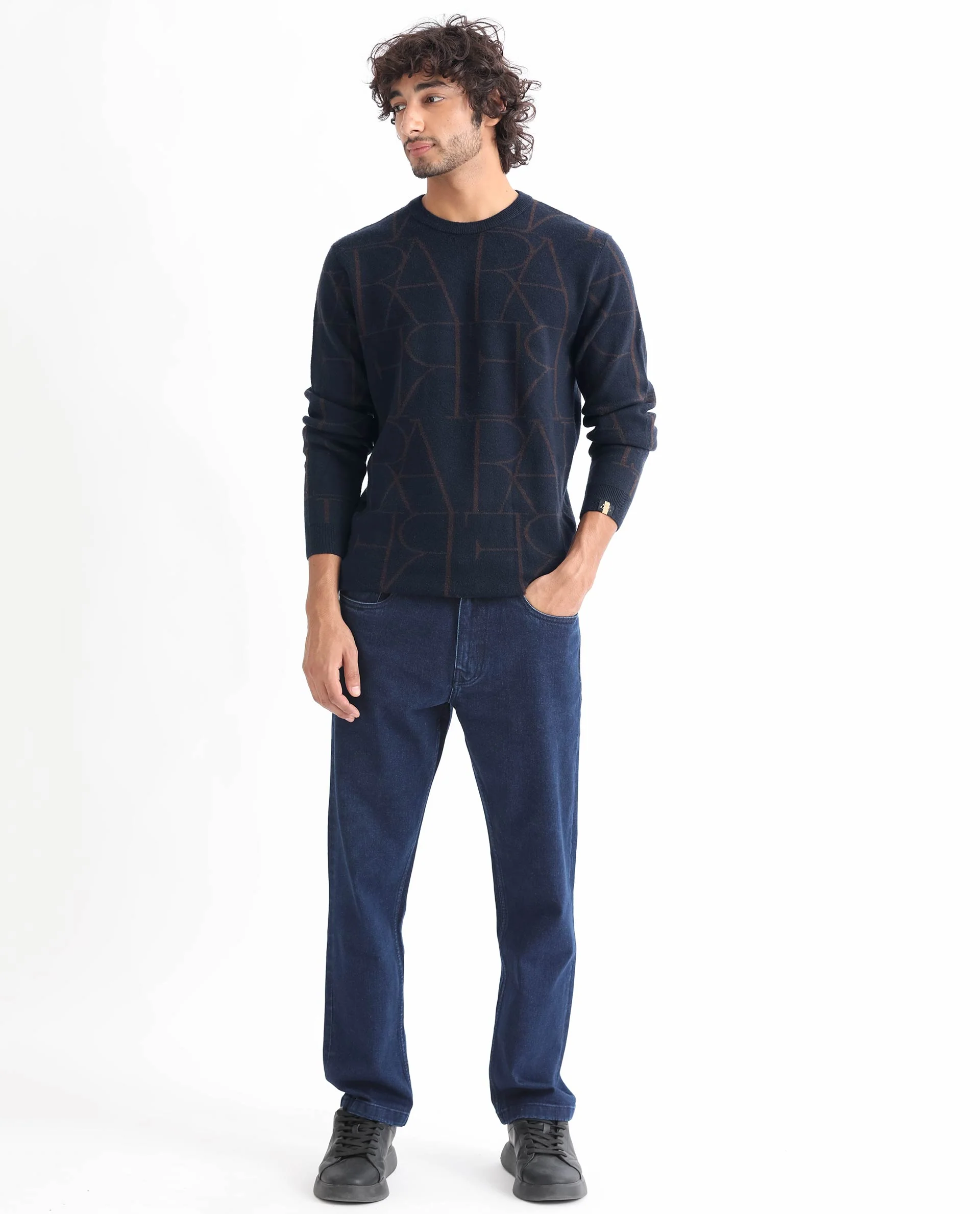 Rare Rabbit Men's Carrie Navy Viscose Monogram Print Relaxed Fit Full Sleeve Crew Neck Sweater - Image 4
