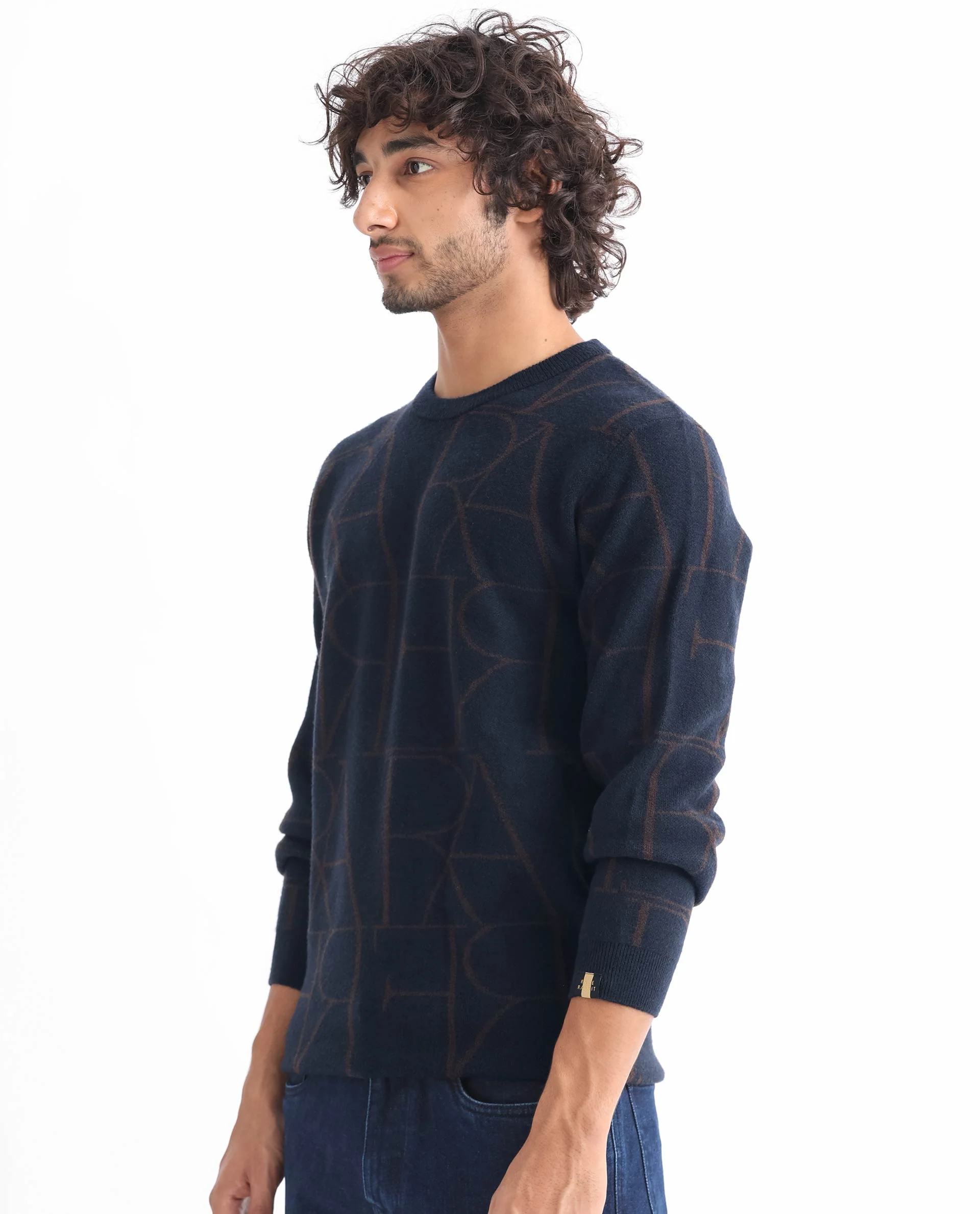 Rare Rabbit Men's Carrie Navy Viscose Monogram Print Relaxed Fit Full Sleeve Crew Neck Sweater - Image 5