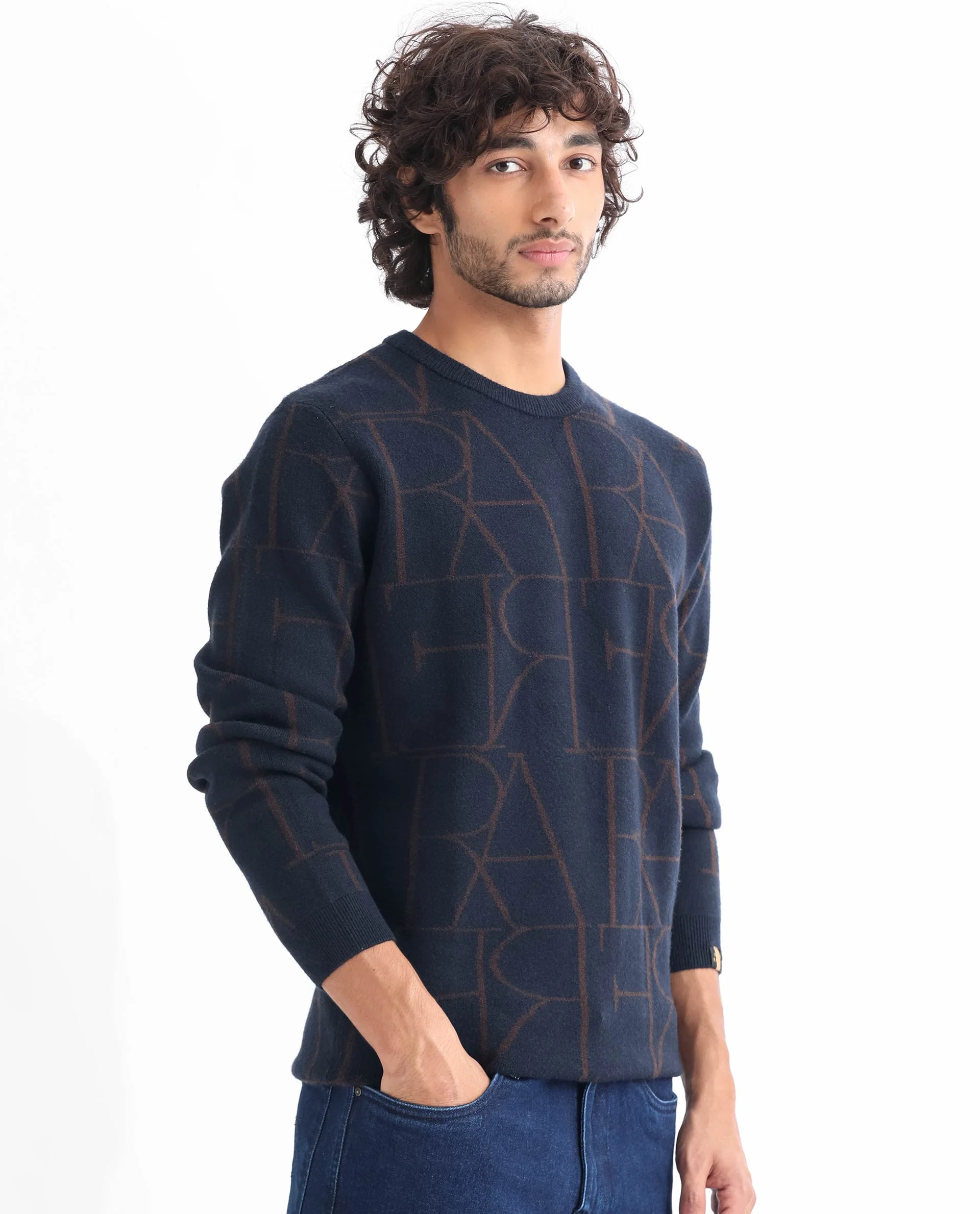 Rare Rabbit Men's Carrie Navy Viscose Monogram Print Relaxed Fit Full Sleeve Crew Neck Sweater - Image 6
