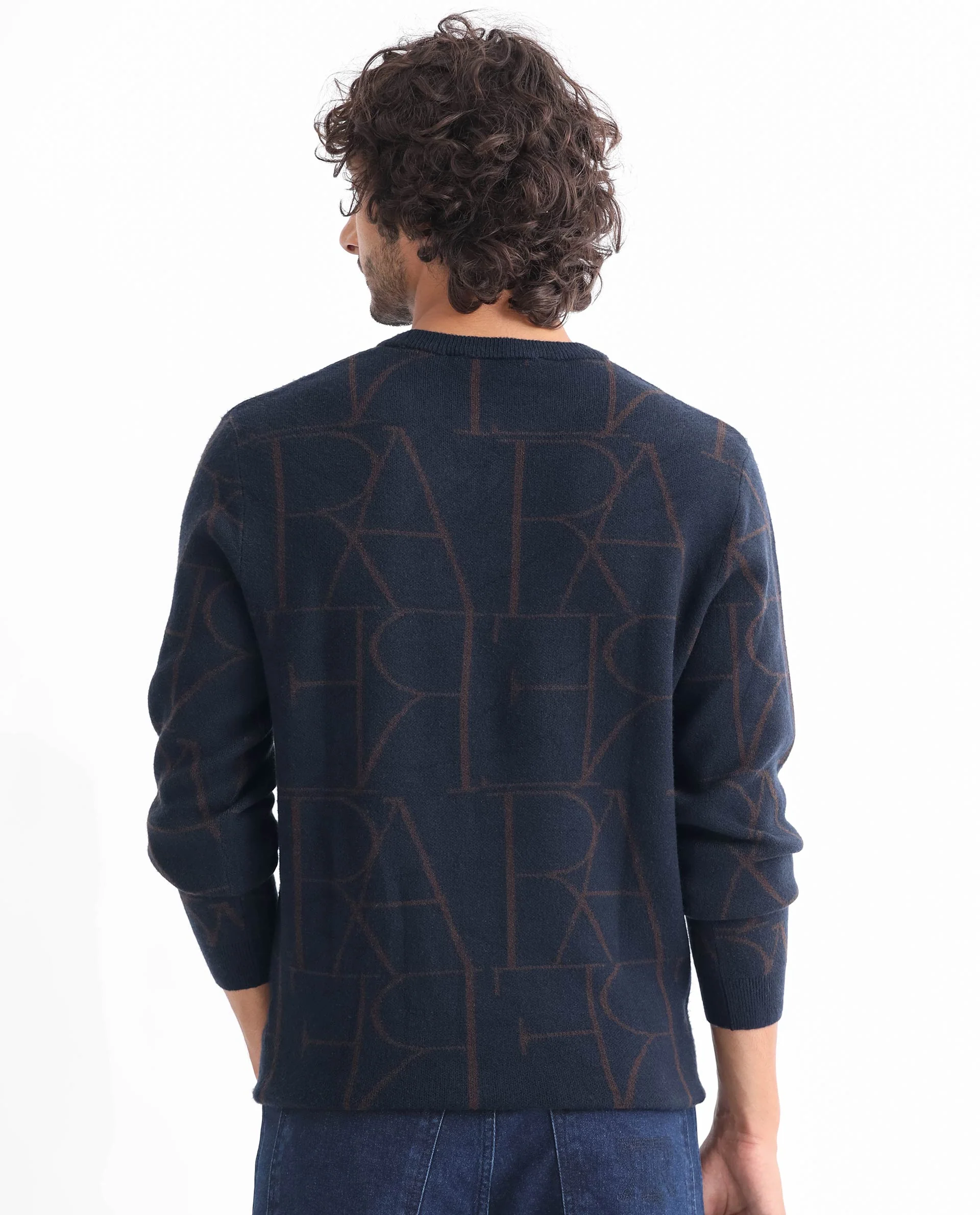 Rare Rabbit Men's Carrie Navy Viscose Monogram Print Relaxed Fit Full Sleeve Crew Neck Sweater - Image 7