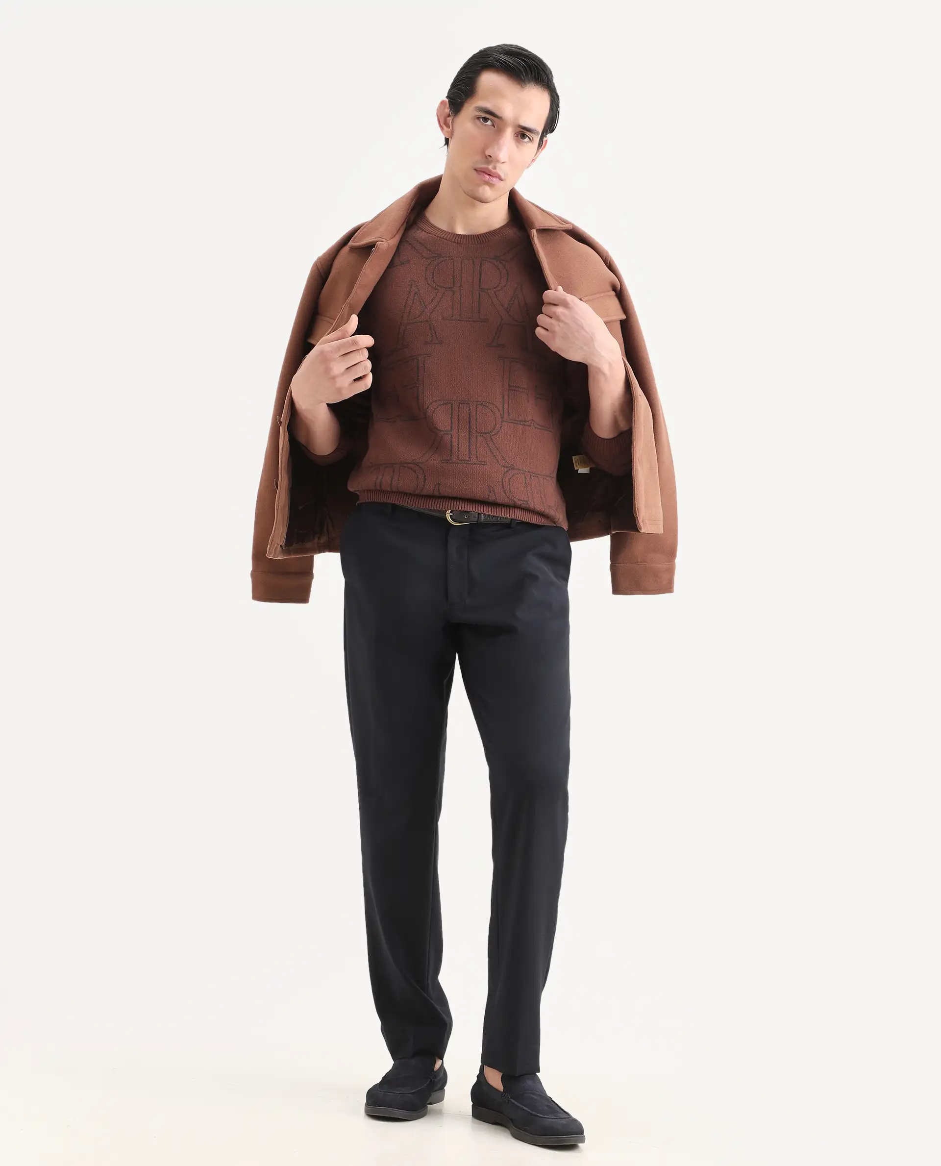 Rare Rabbit Men's Carrit Brown Cotton Monogram Print Regular Fit Full Sleeve Crew Neck Sweater - Image 2