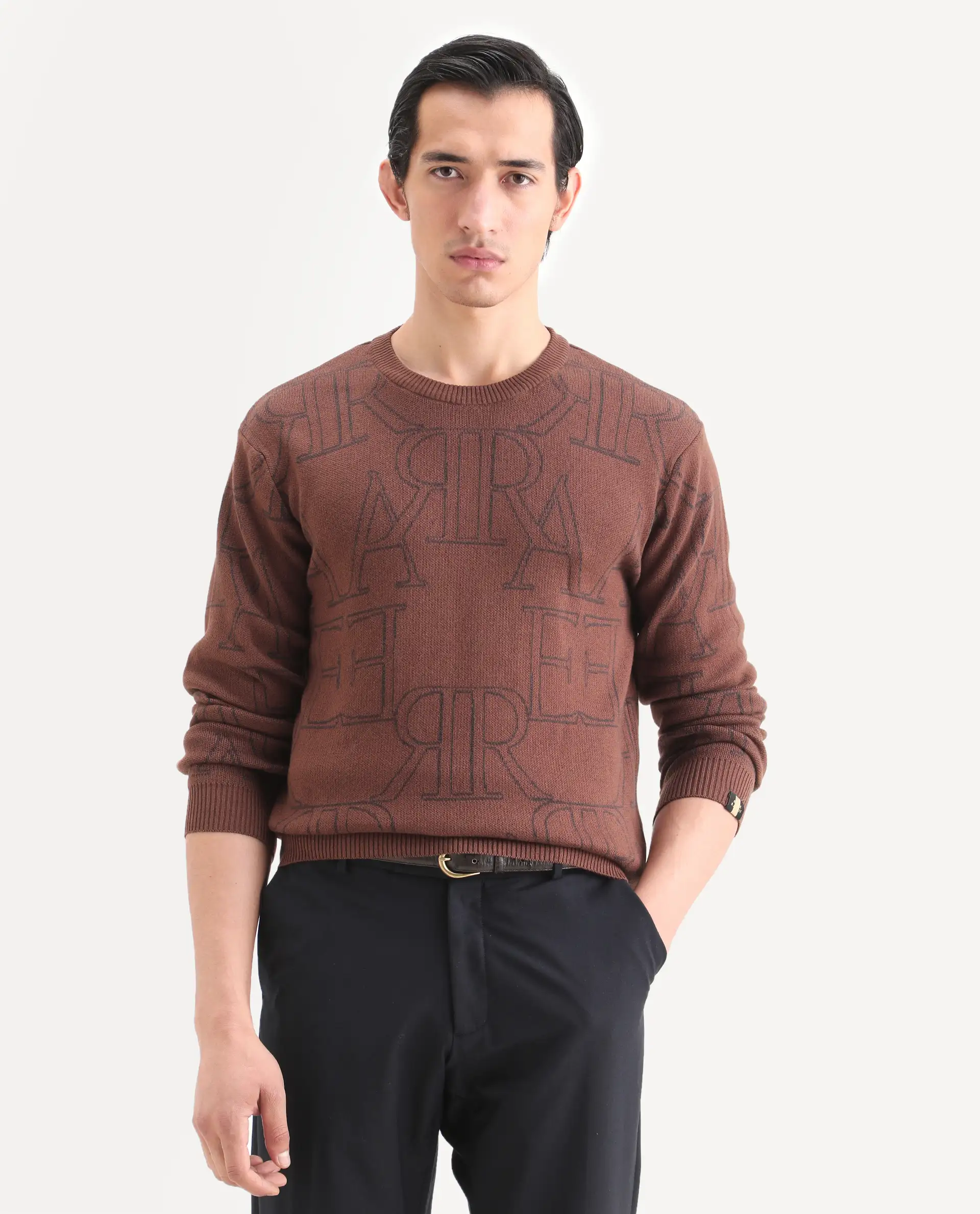 Rare Rabbit Men's Carrit Brown Cotton Monogram Print Regular Fit Full Sleeve Crew Neck Sweater - Image 3