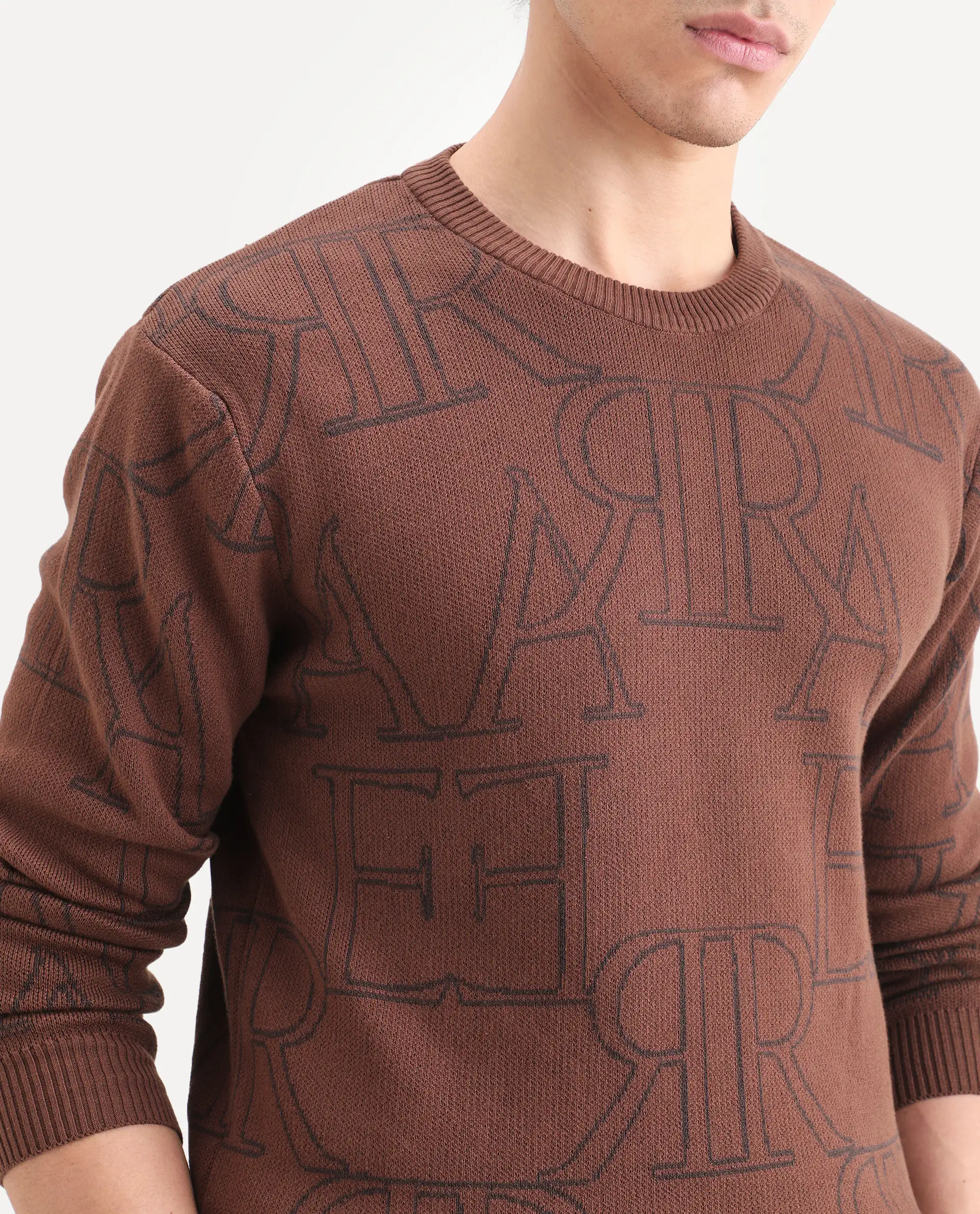Rare Rabbit Men's Carrit Brown Cotton Monogram Print Regular Fit Full Sleeve Crew Neck Sweater - Image 4