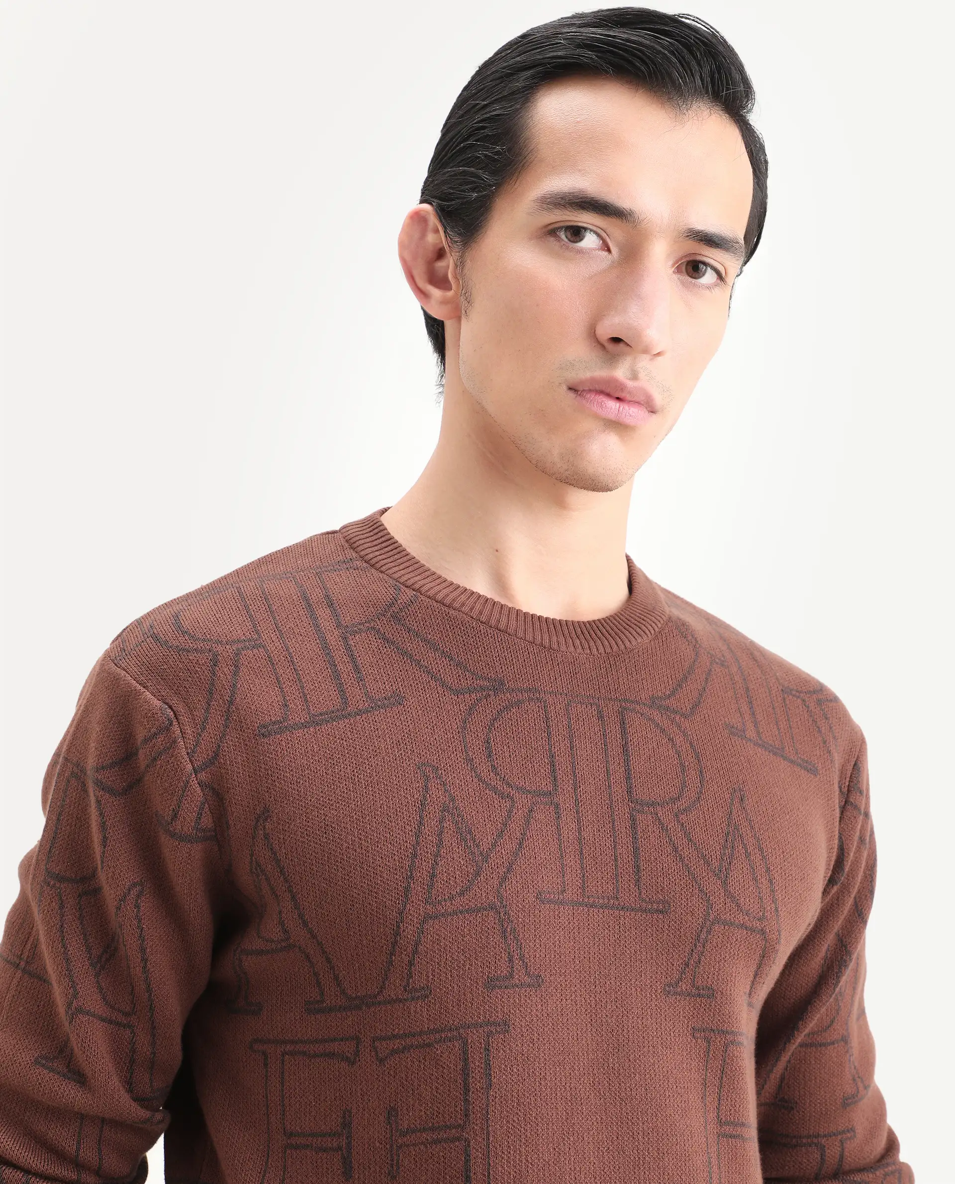 Rare Rabbit Men's Carrit Brown Cotton Monogram Print Regular Fit Full Sleeve Crew Neck Sweater - Image 5