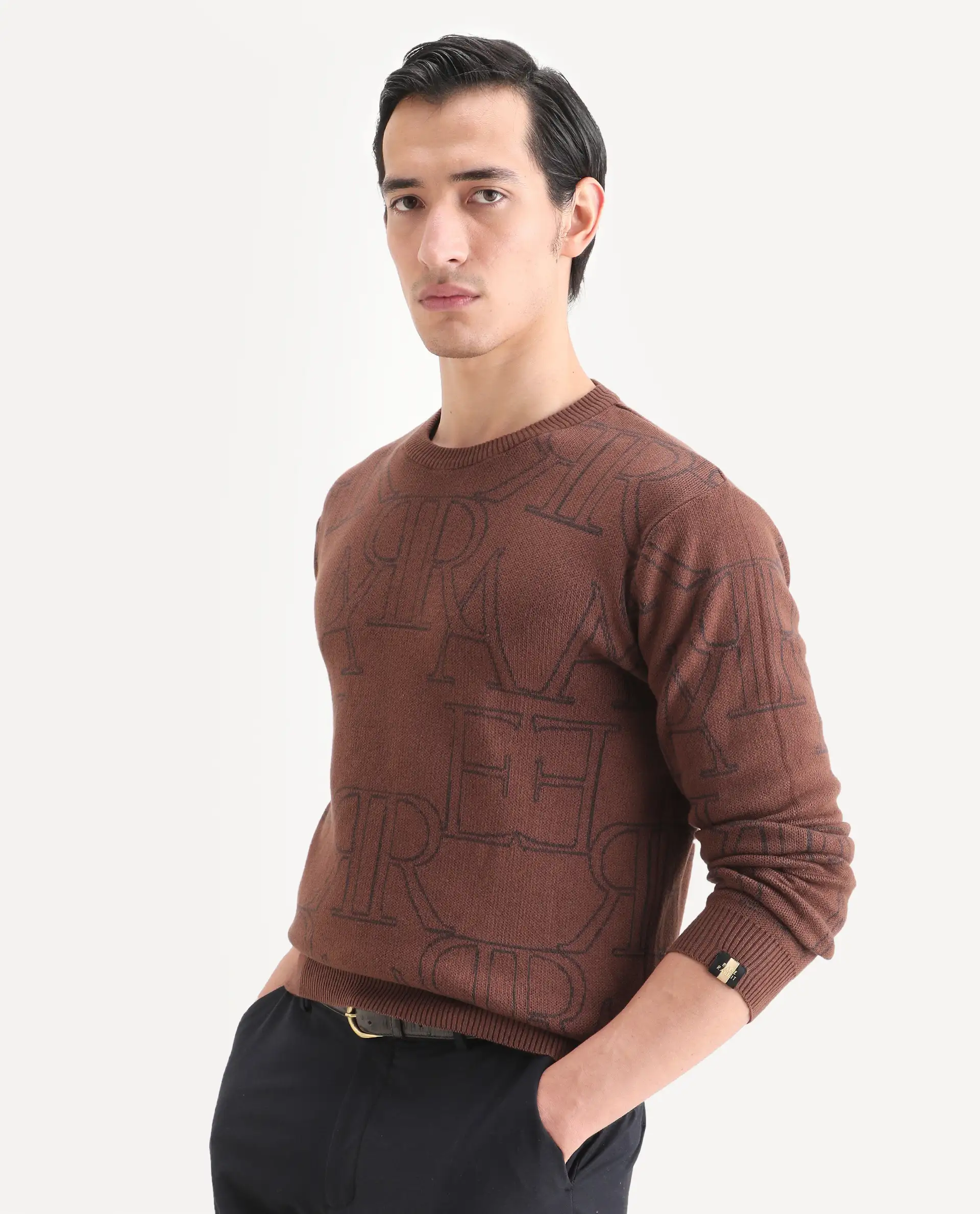 Rare Rabbit Men's Carrit Brown Cotton Monogram Print Regular Fit Full Sleeve Crew Neck Sweater - Image 7