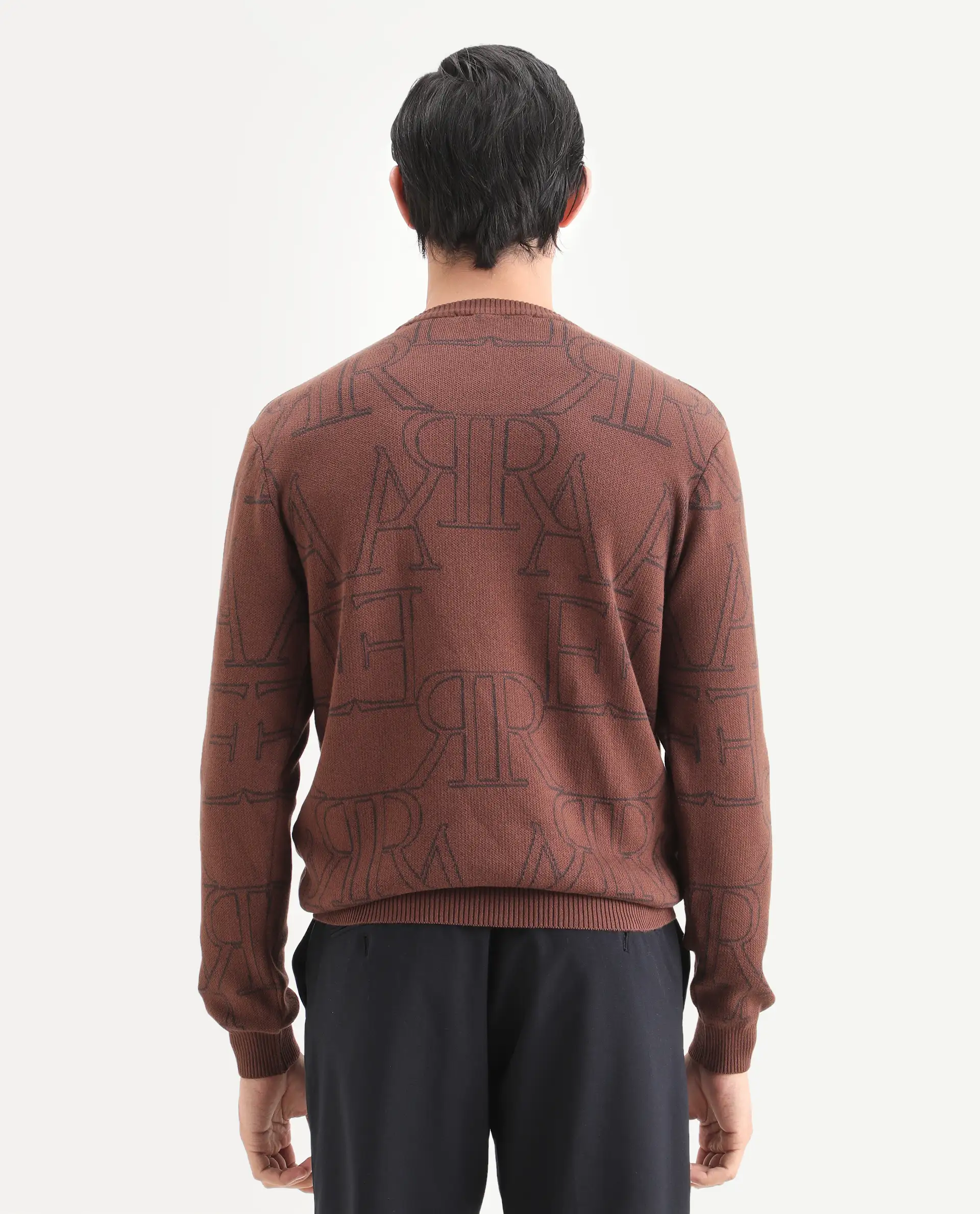 Rare Rabbit Men's Carrit Brown Cotton Monogram Print Regular Fit Full Sleeve Crew Neck Sweater - Image 8