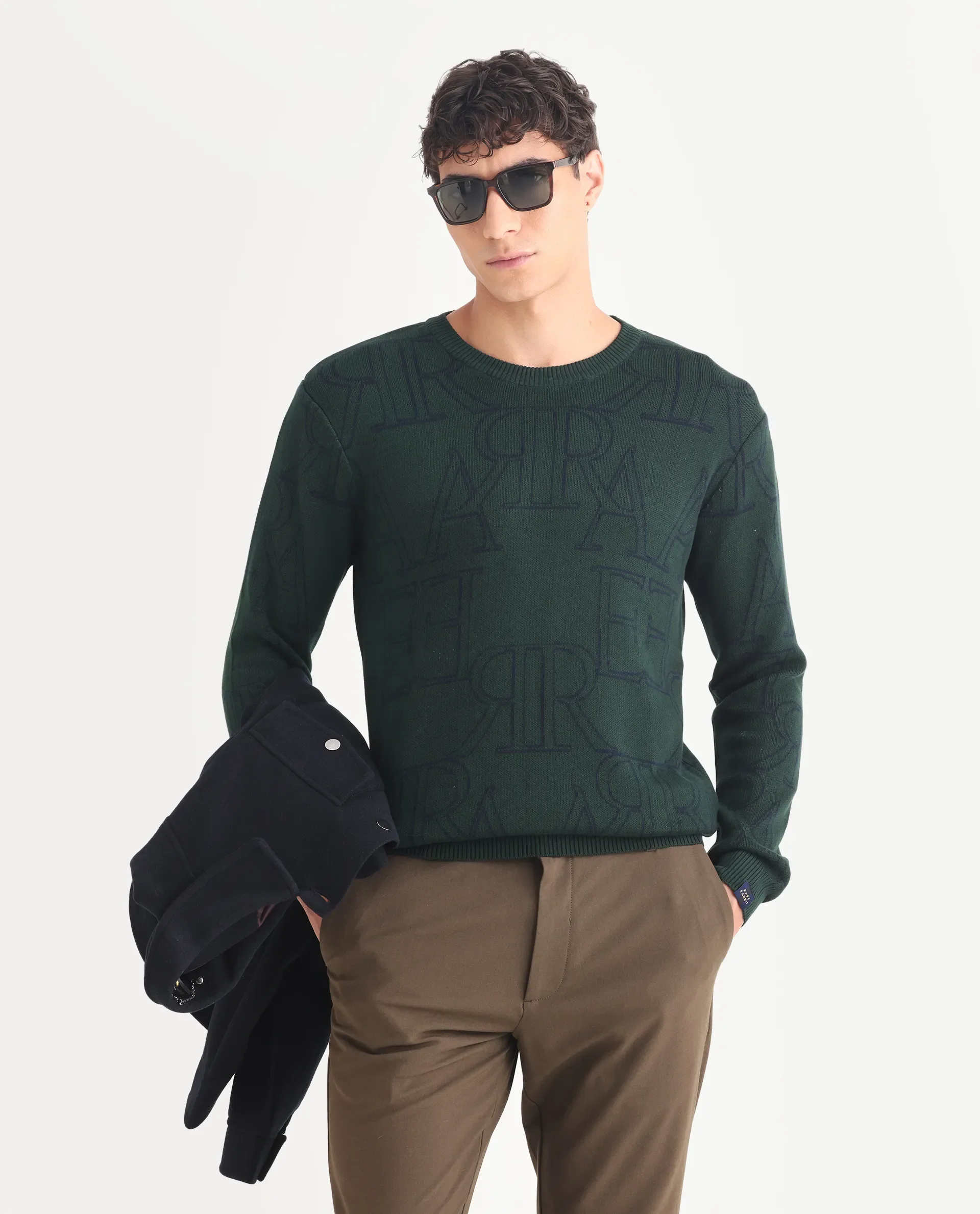 Rare Rabbit Men's Carrit Green Cotton Monogram Print Regular Fit Full Sleeve Crew Neck Sweater - Image 2