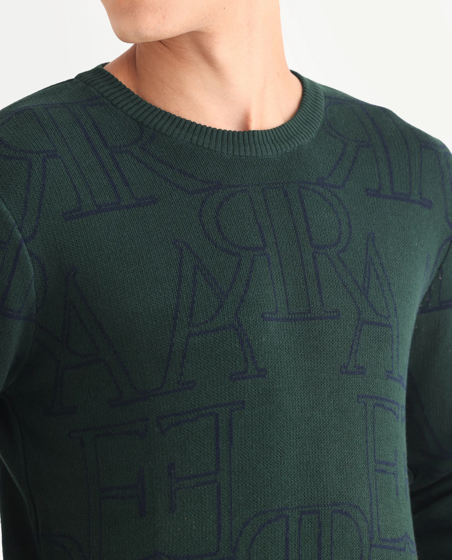 Rare Rabbit Men's Carrit Green Cotton Monogram Print Regular Fit Full Sleeve Crew Neck Sweater - Image 3