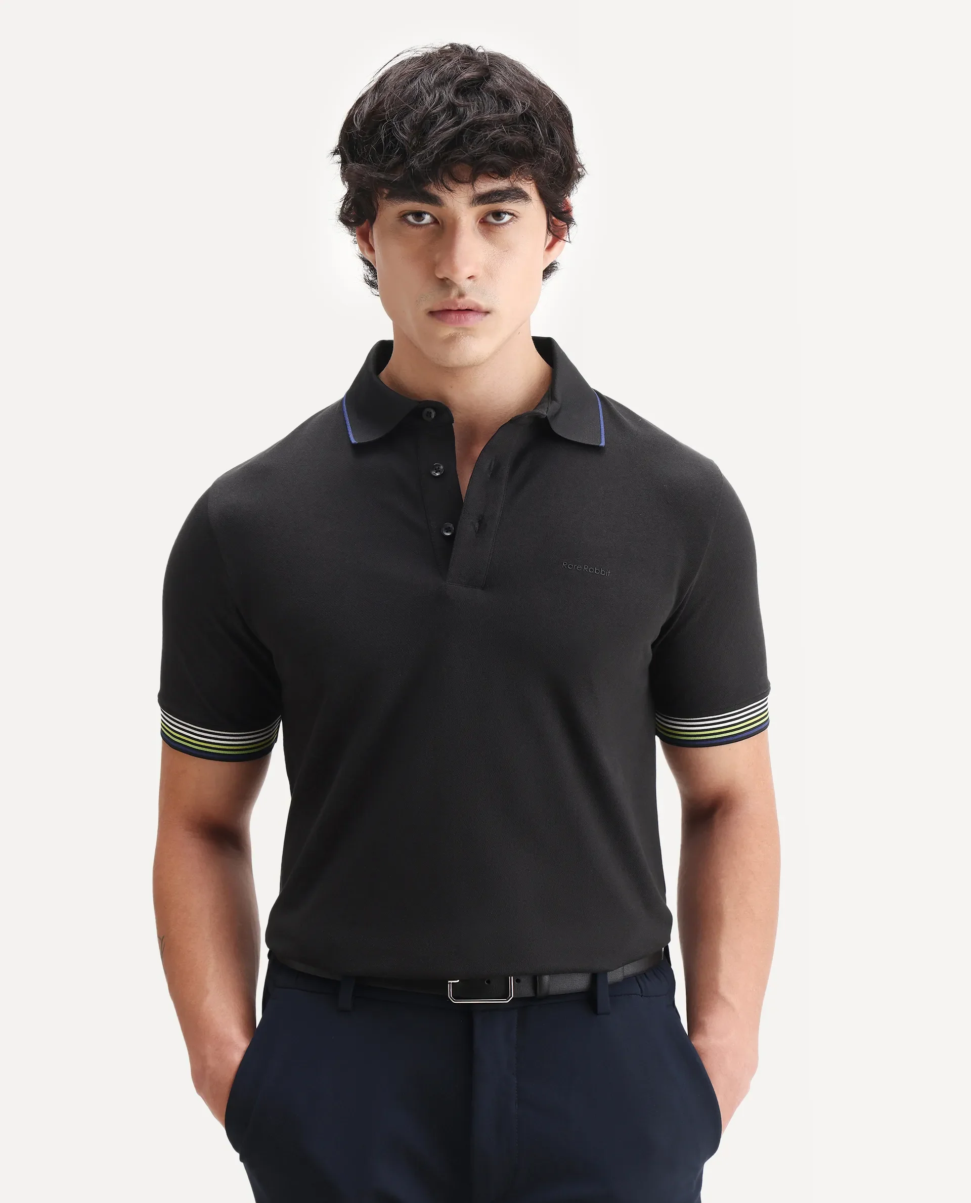 Rare Rabbit Men's Carter Black Cotton Blend Plain Regular Fit Half Sleeve Polo