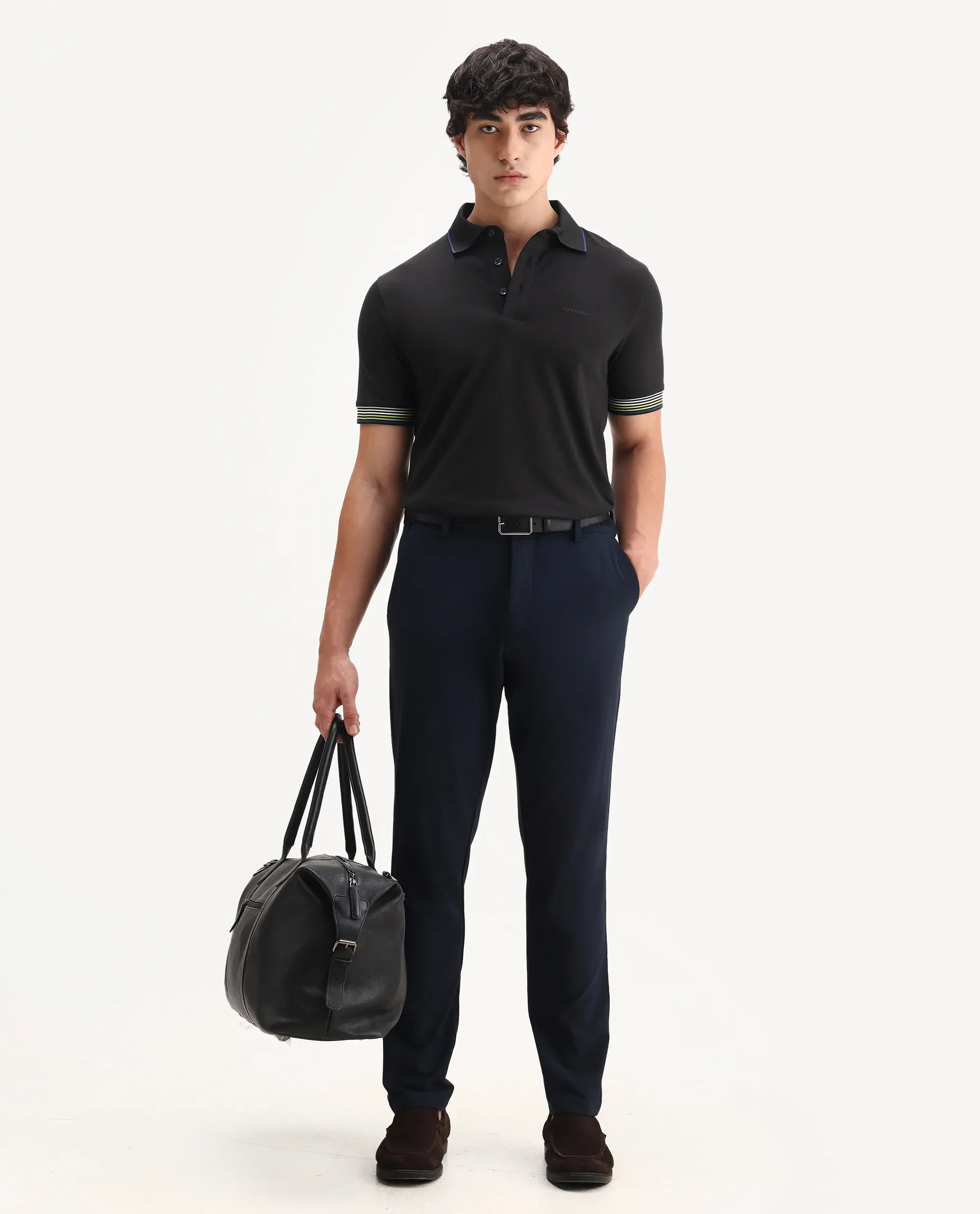 Rare Rabbit Men's Carter Black Cotton Blend Plain Regular Fit Half Sleeve Polo - Image 2