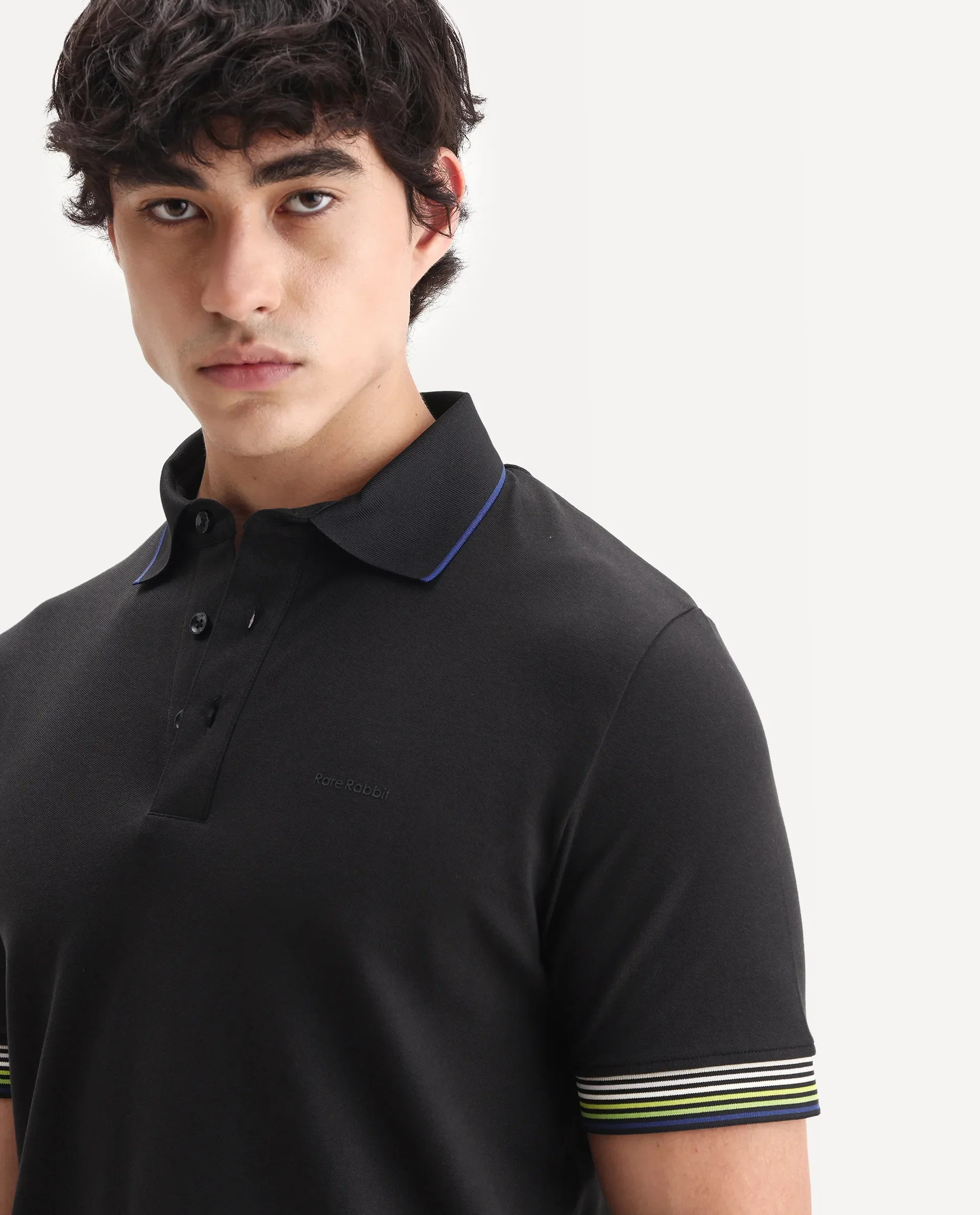 Rare Rabbit Men's Carter Black Cotton Blend Plain Regular Fit Half Sleeve Polo - Image 3