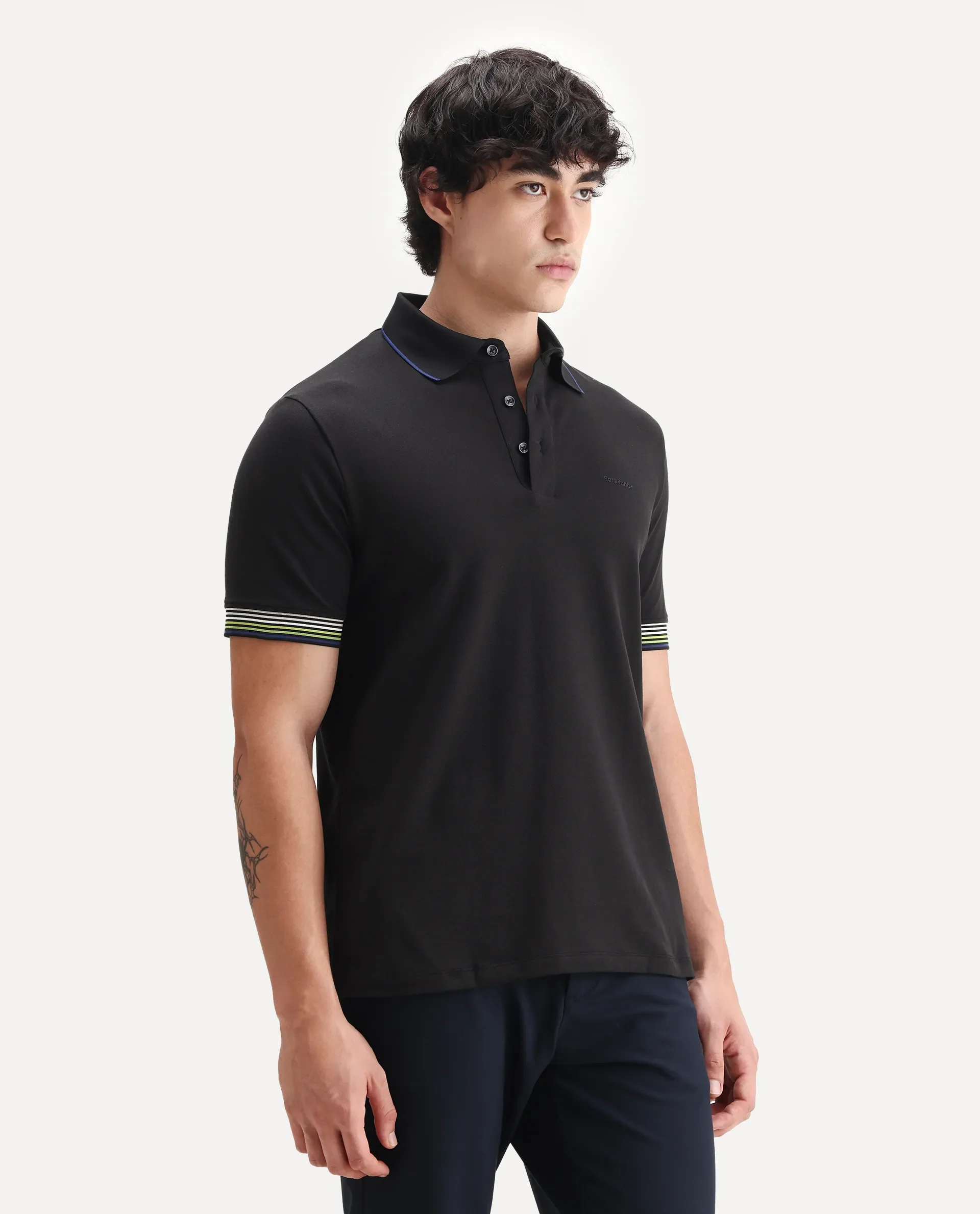 Rare Rabbit Men's Carter Black Cotton Blend Plain Regular Fit Half Sleeve Polo - Image 4