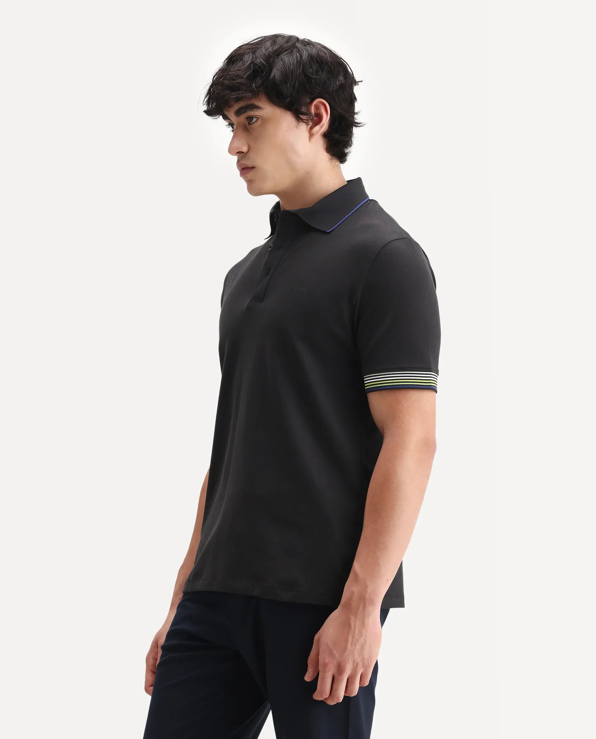 Rare Rabbit Men's Carter Black Cotton Blend Plain Regular Fit Half Sleeve Polo - Image 5