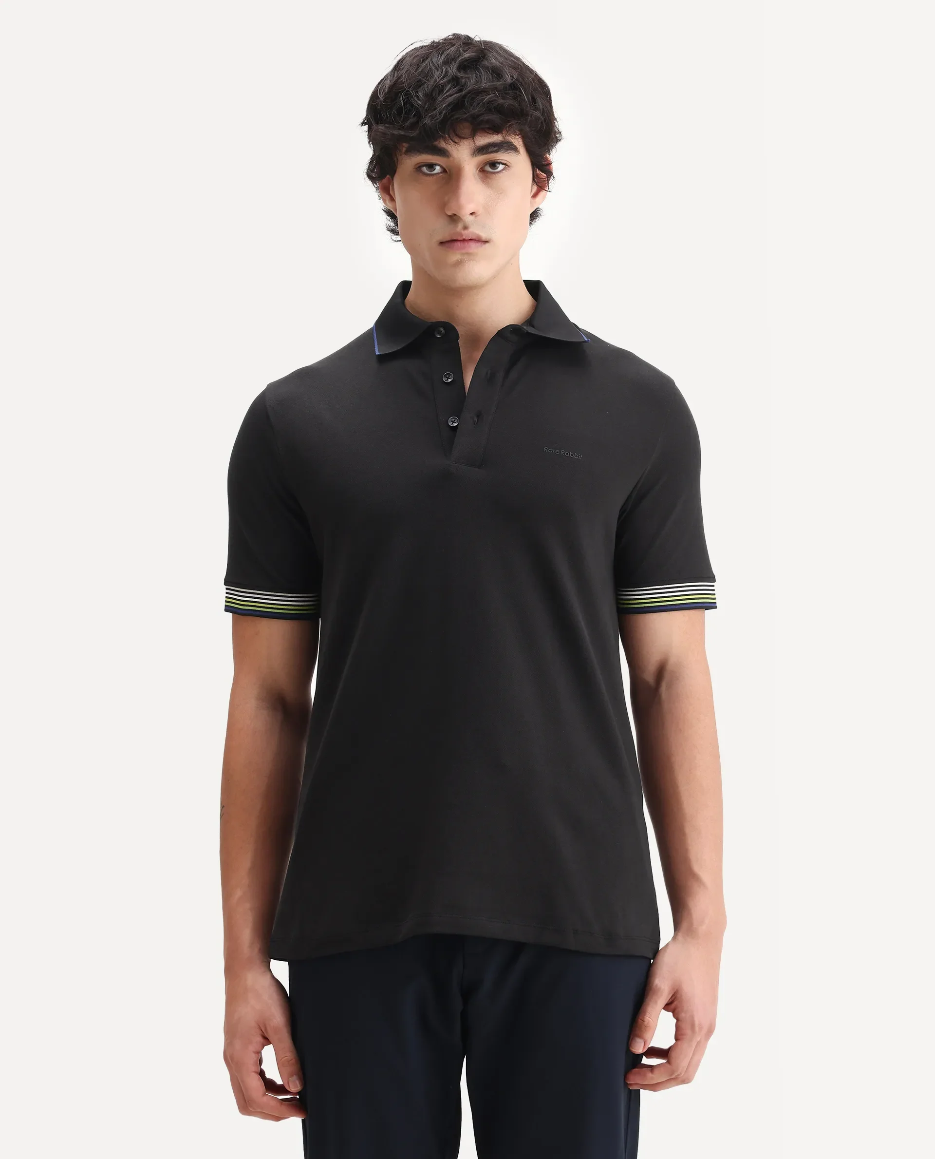 Rare Rabbit Men's Carter Black Cotton Blend Plain Regular Fit Half Sleeve Polo - Image 6