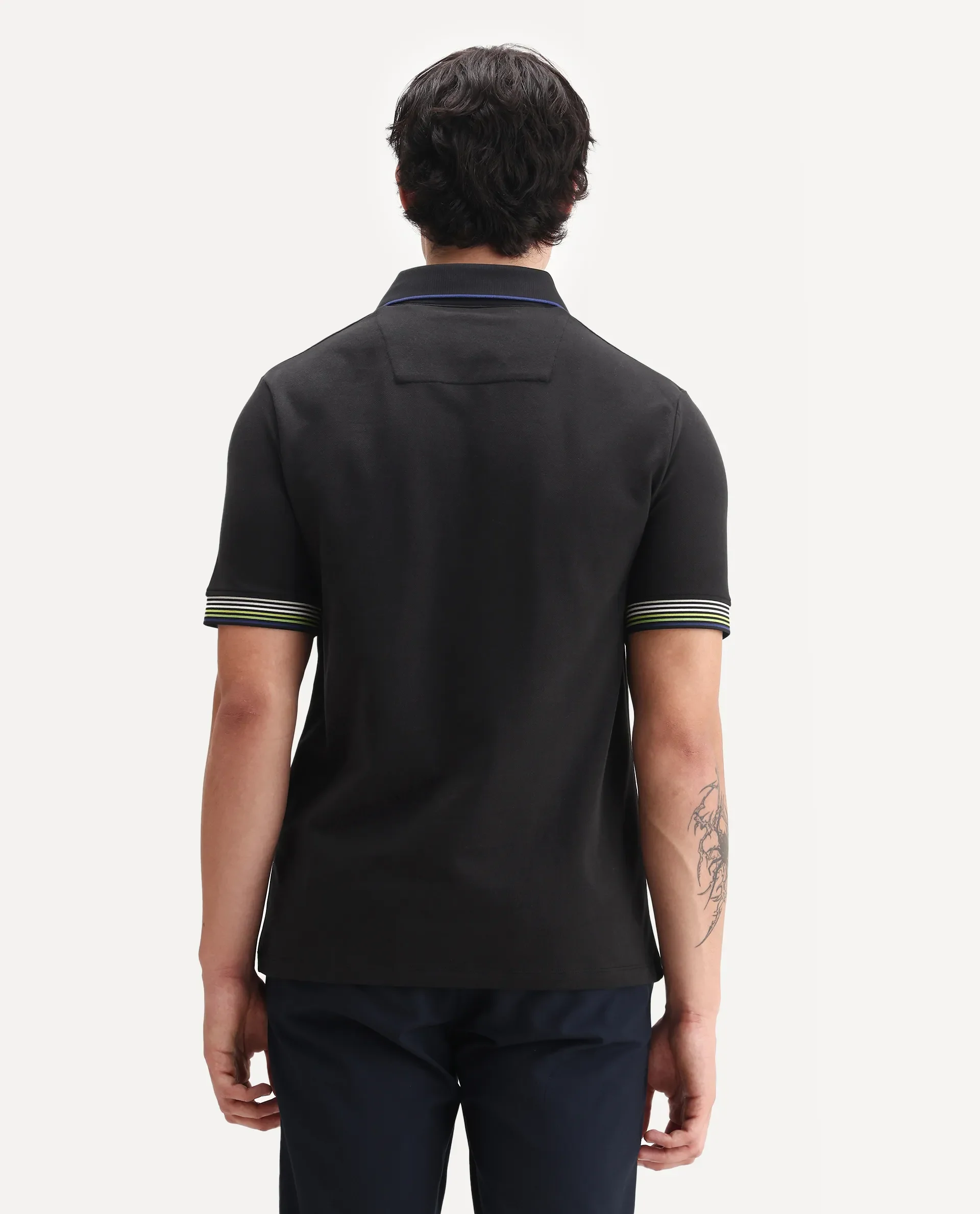 Rare Rabbit Men's Carter Black Cotton Blend Plain Regular Fit Half Sleeve Polo - Image 7