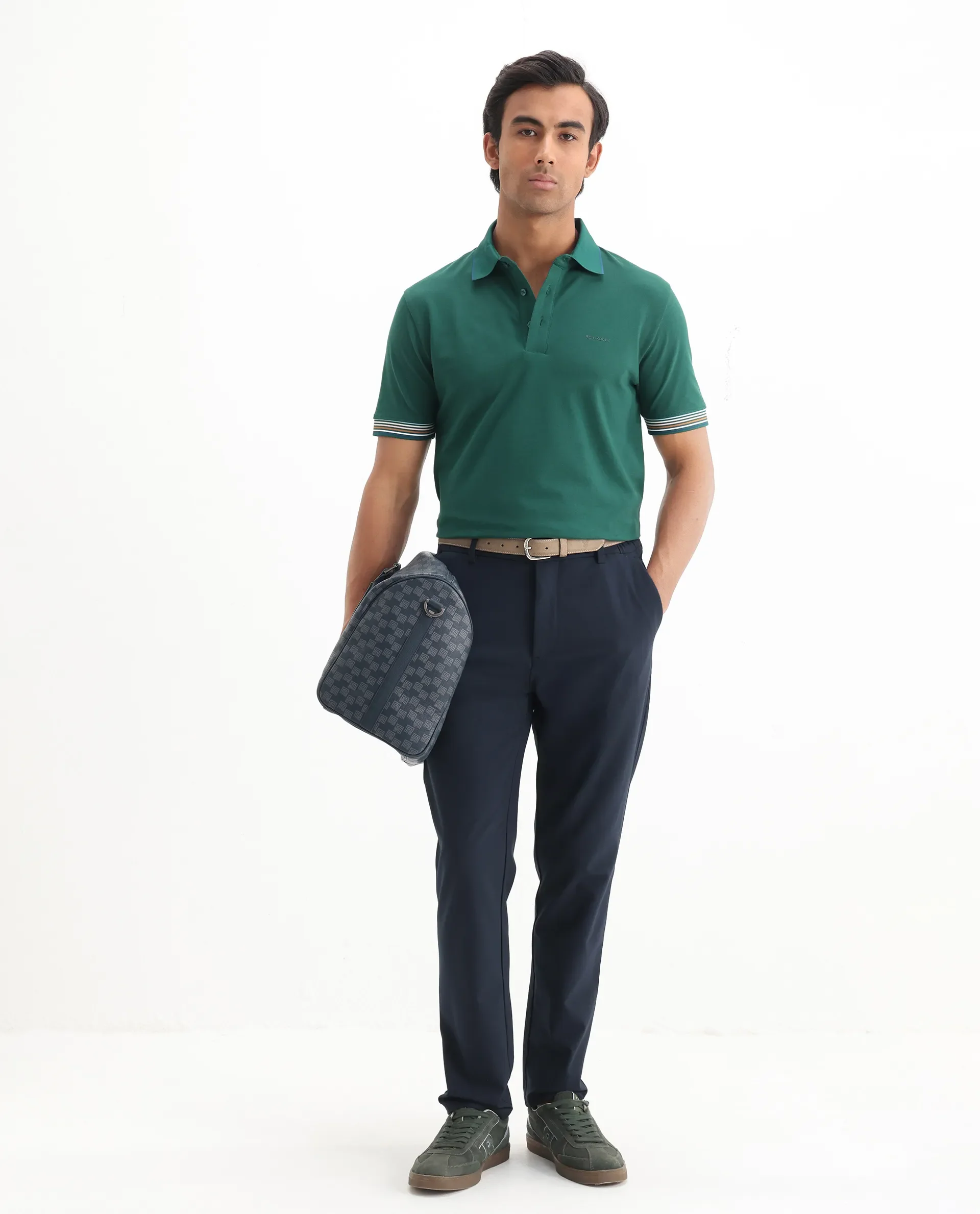 Rare Rabbit Men's Carter Dark Green Cotton Blend Plain Regular Fit Half Sleeve Polo - Image 2