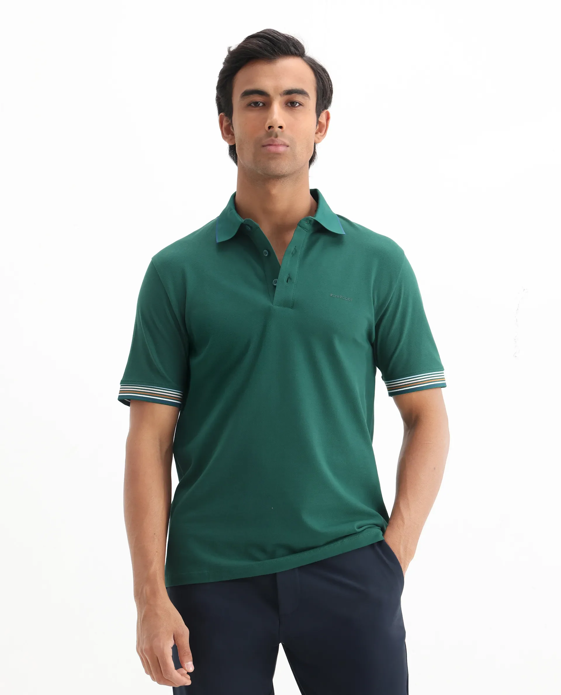 Rare Rabbit Men's Carter Dark Green Cotton Blend Plain Regular Fit Half Sleeve Polo - Image 3
