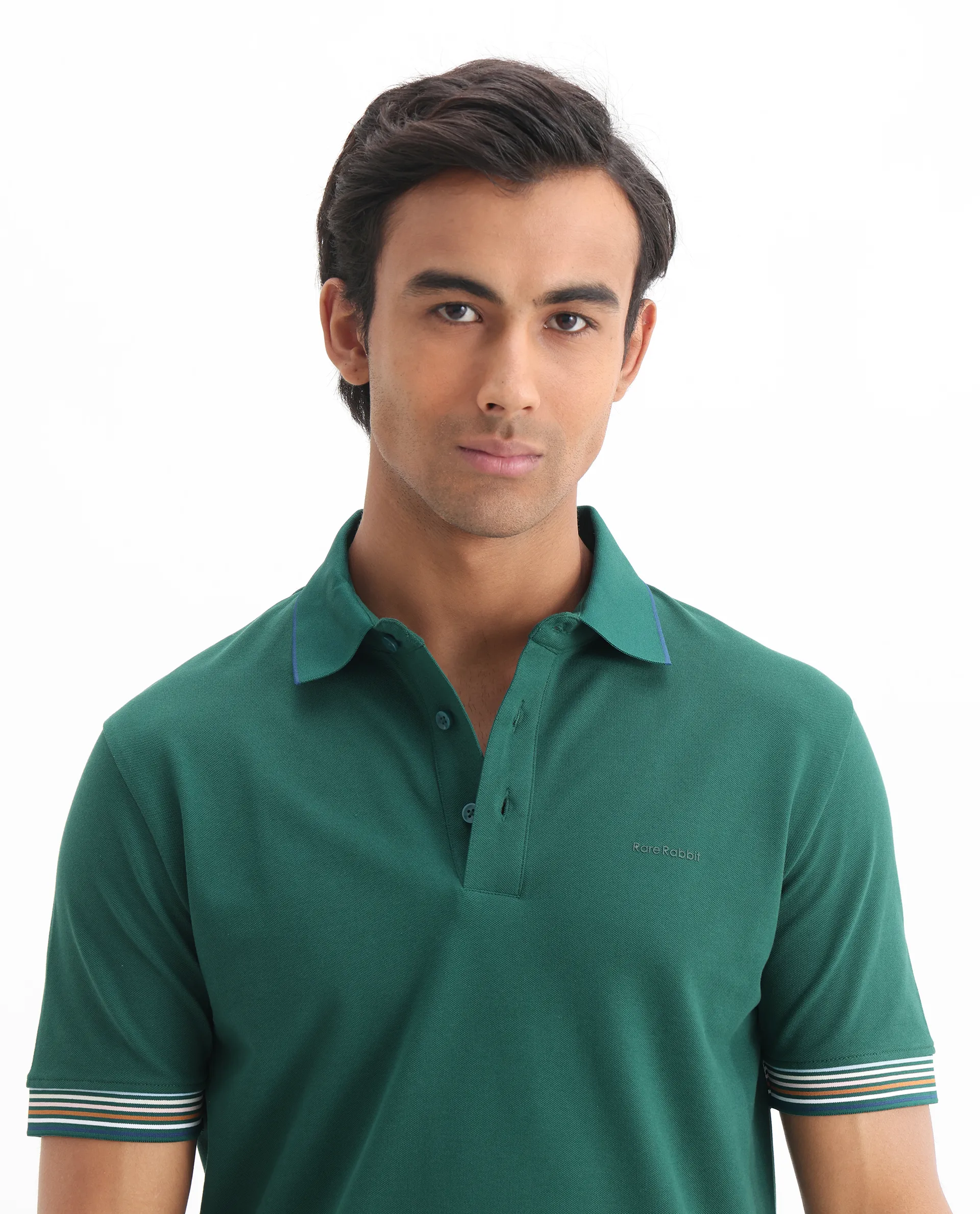 Rare Rabbit Men's Carter Dark Green Cotton Blend Plain Regular Fit Half Sleeve Polo - Image 4