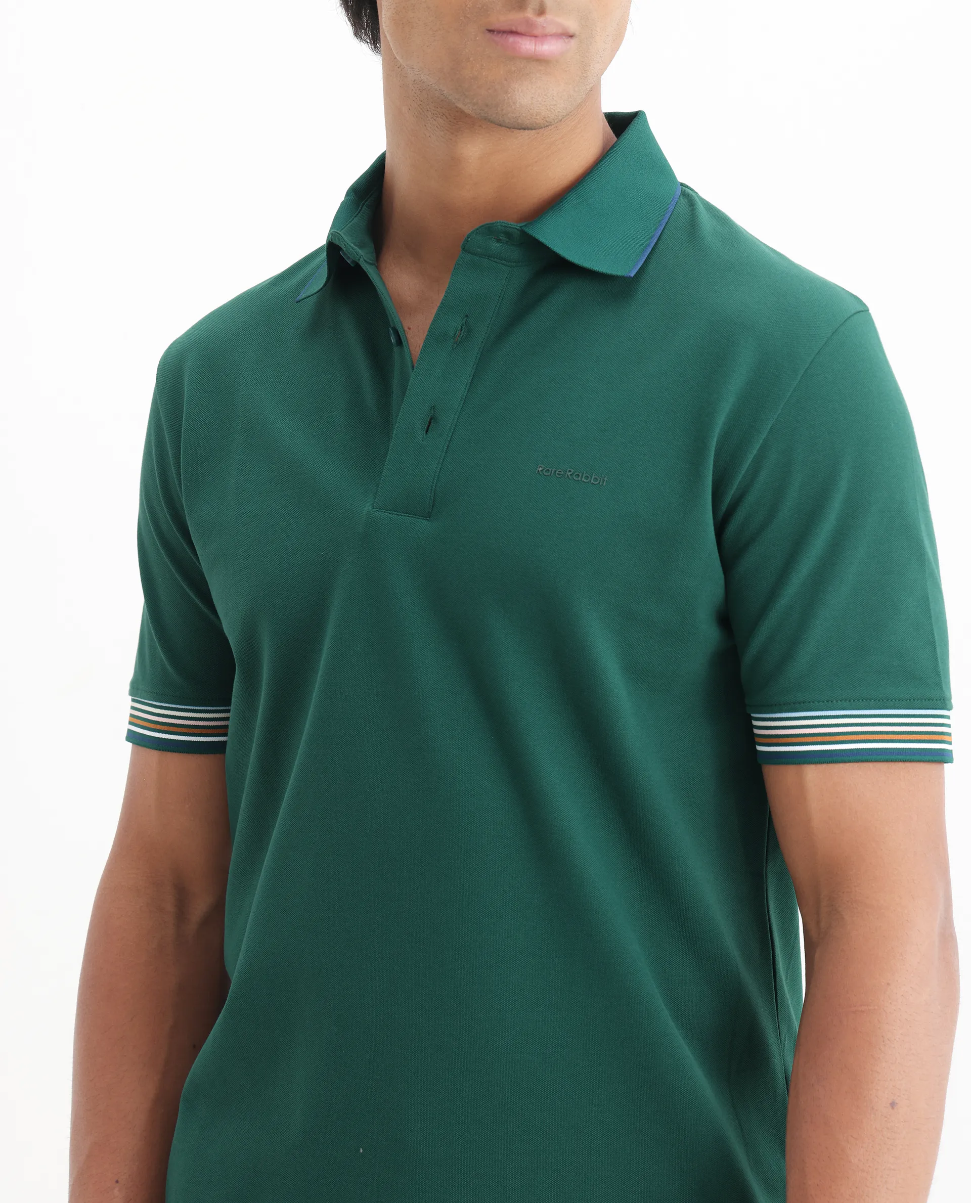 Rare Rabbit Men's Carter Dark Green Cotton Blend Plain Regular Fit Half Sleeve Polo - Image 5