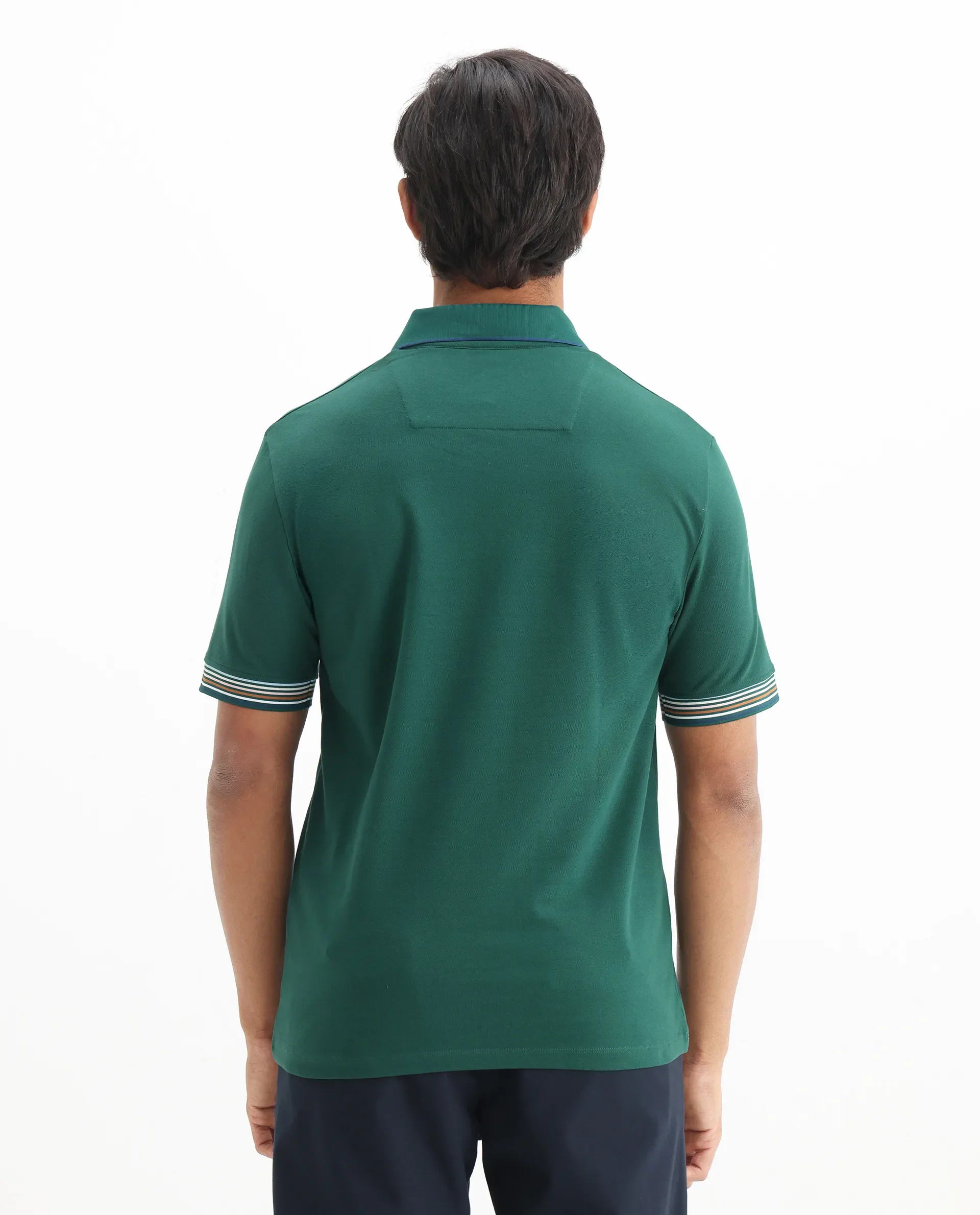 Rare Rabbit Men's Carter Dark Green Cotton Blend Plain Regular Fit Half Sleeve Polo - Image 6