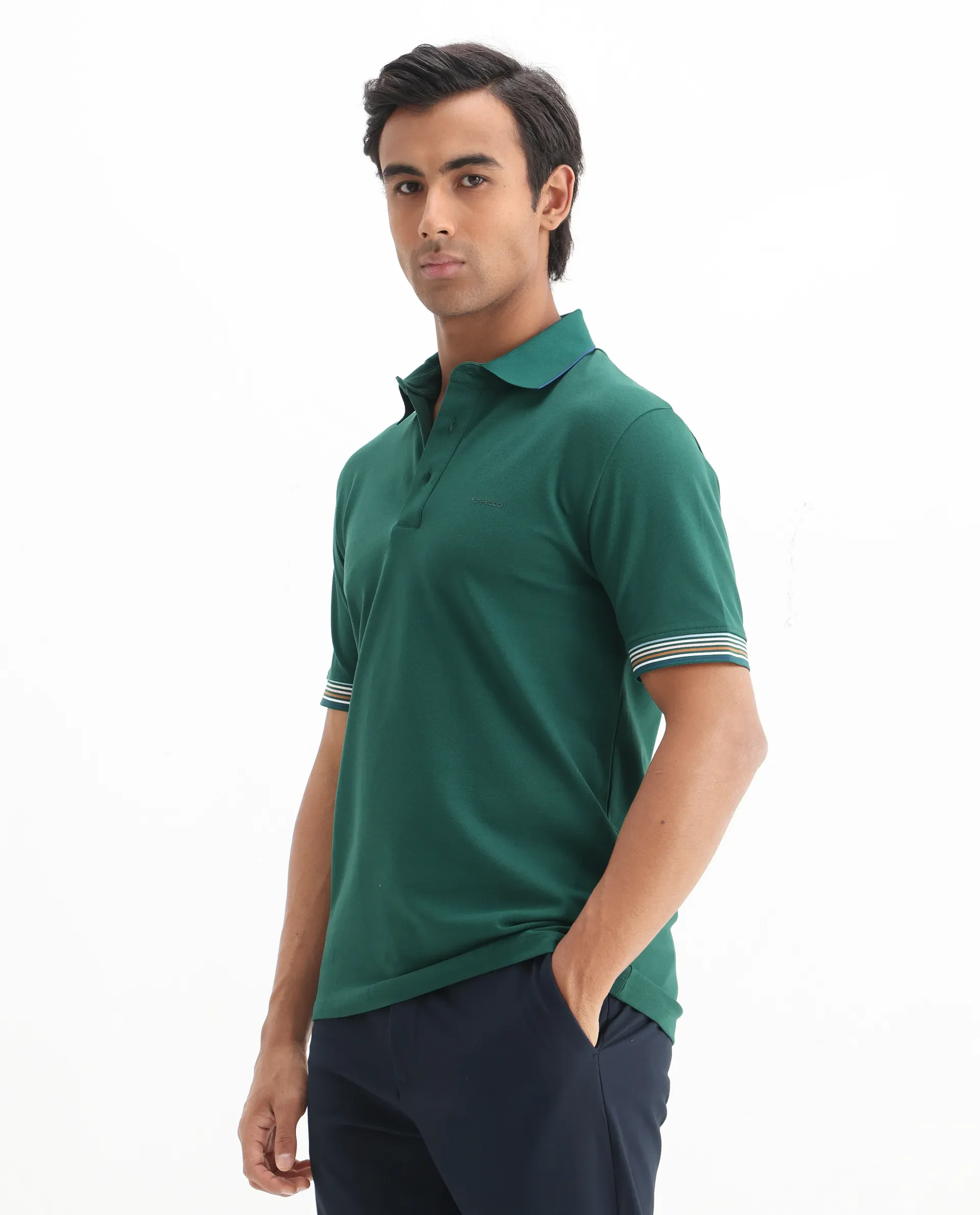 Rare Rabbit Men's Carter Dark Green Cotton Blend Plain Regular Fit Half Sleeve Polo - Image 7