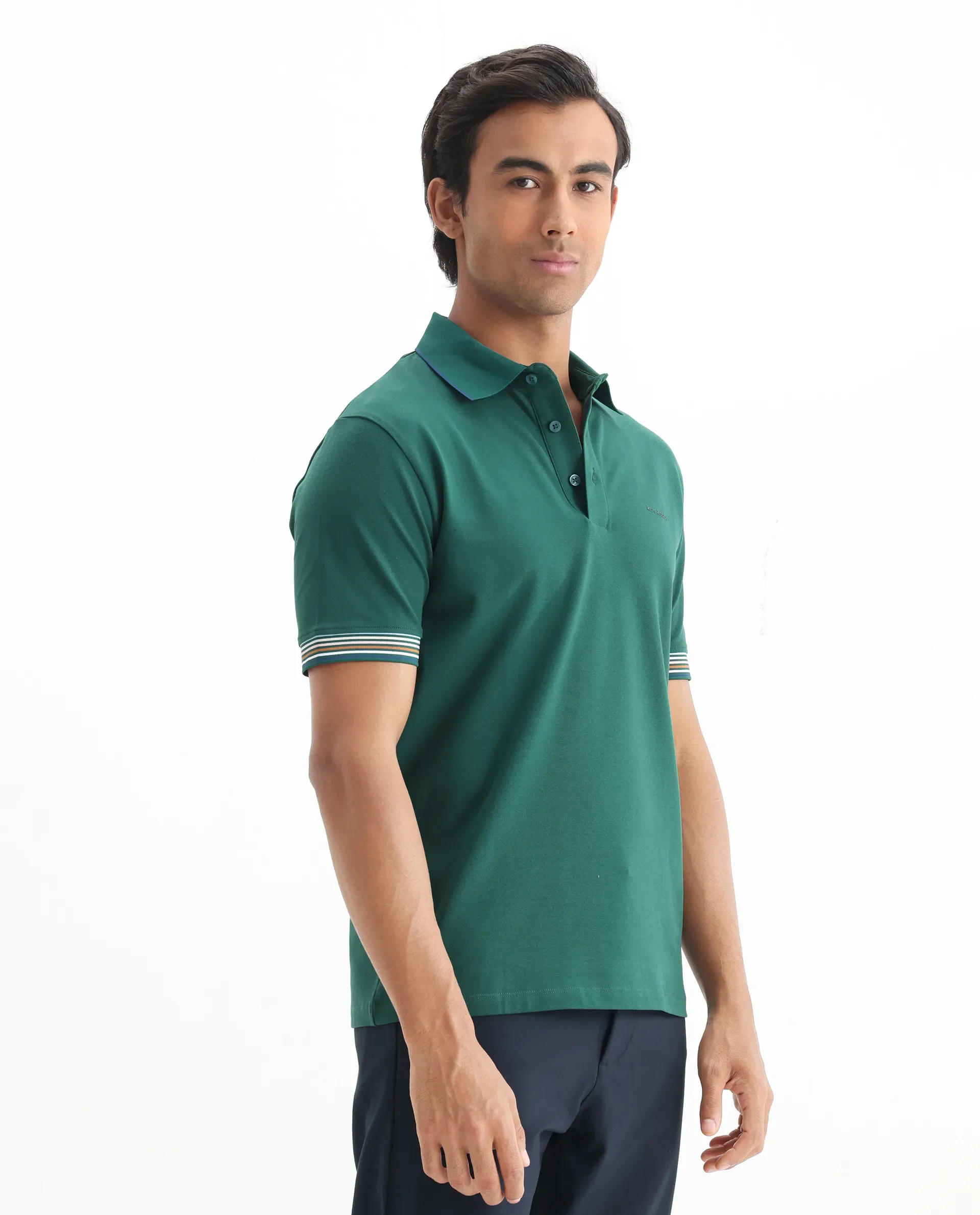 Rare Rabbit Men's Carter Dark Green Cotton Blend Plain Regular Fit Half Sleeve Polo - Image 8