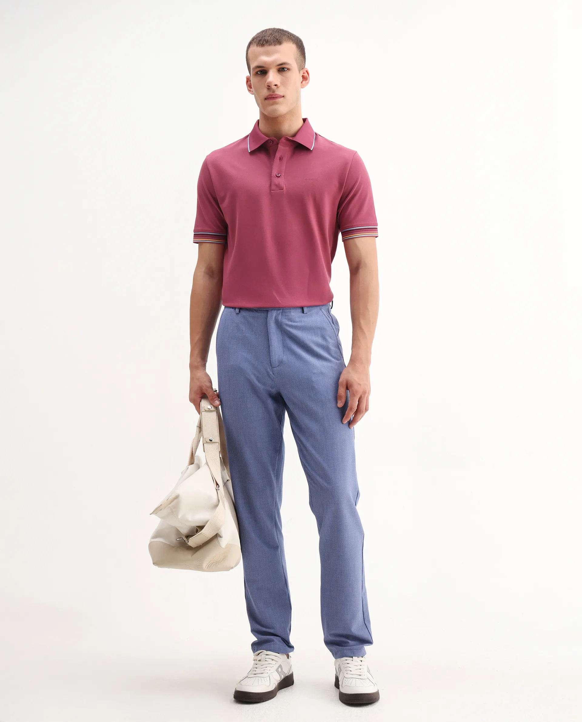 Rare Rabbit Men's Carter Pink Cotton Blend Plain Regular Fit Half Sleeve Polo - Image 2
