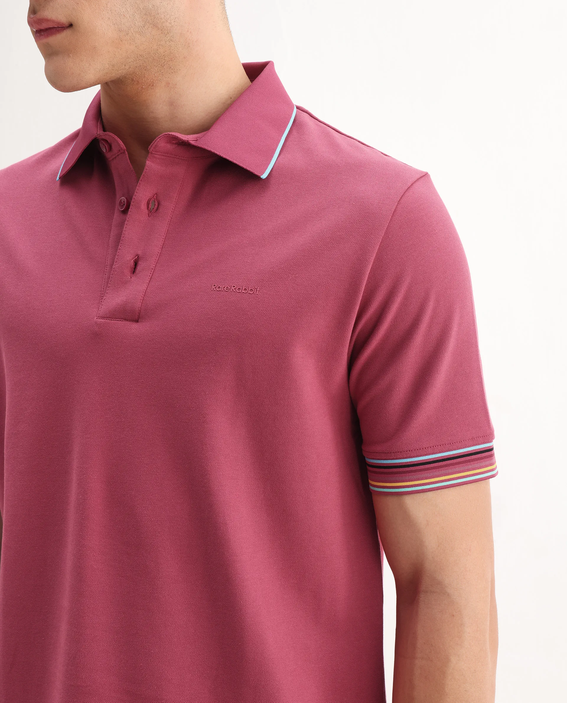 Rare Rabbit Men's Carter Pink Cotton Blend Plain Regular Fit Half Sleeve Polo - Image 3
