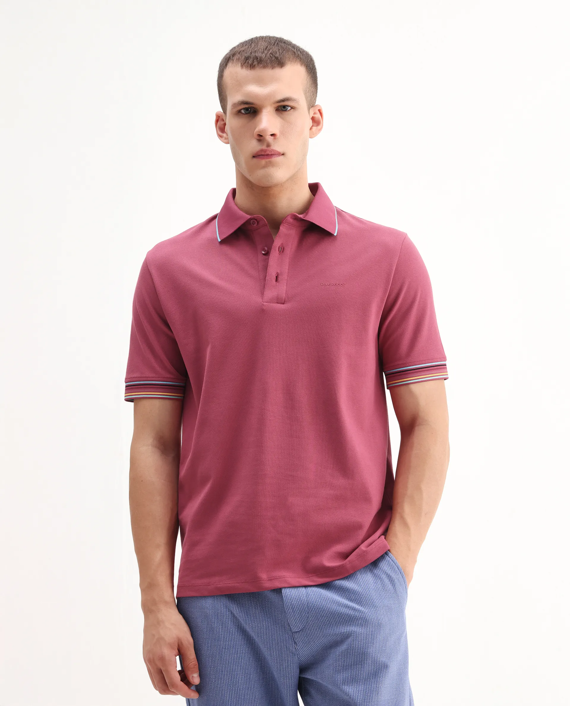 Rare Rabbit Men's Carter Pink Cotton Blend Plain Regular Fit Half Sleeve Polo - Image 4