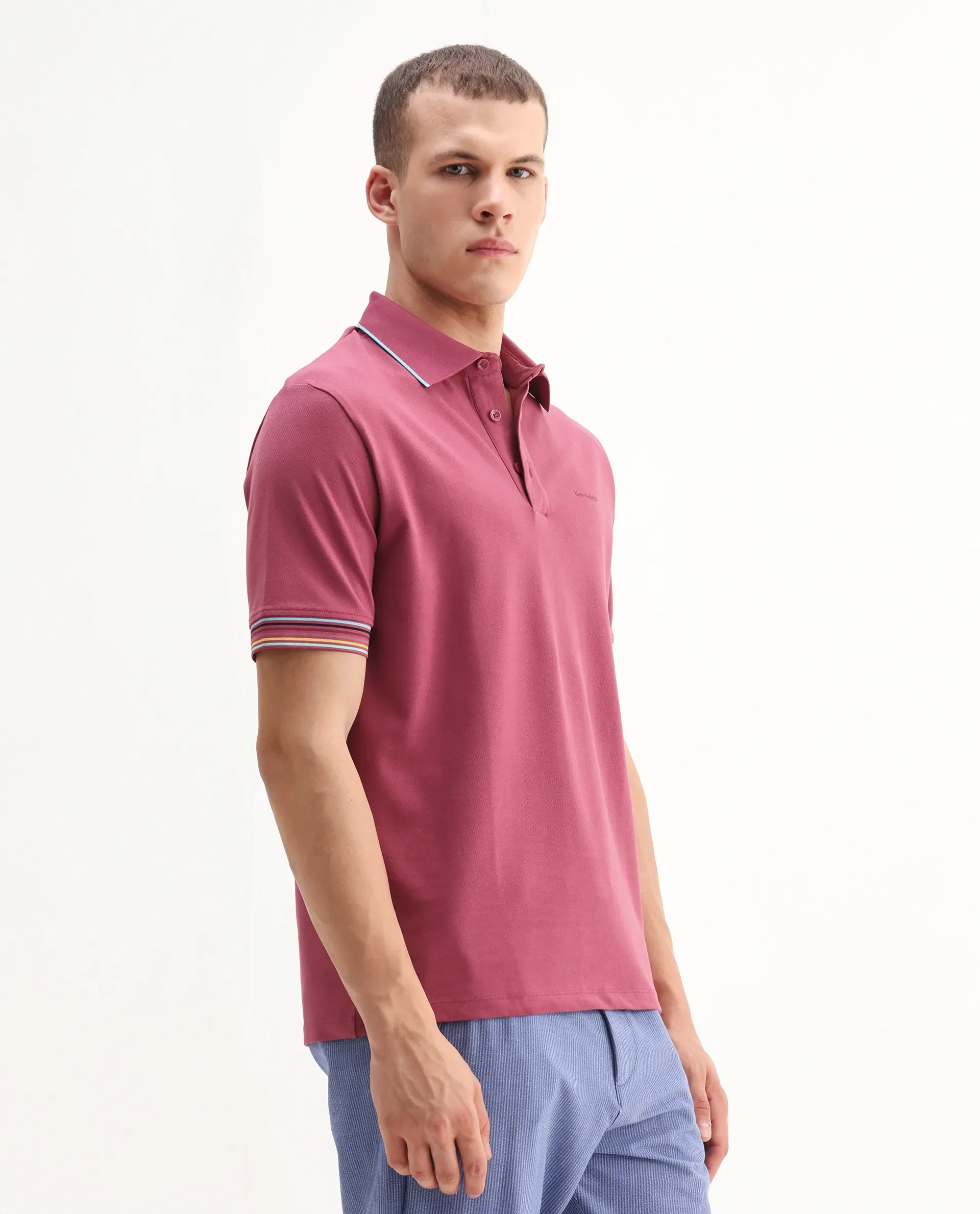Rare Rabbit Men's Carter Pink Cotton Blend Plain Regular Fit Half Sleeve Polo - Image 5