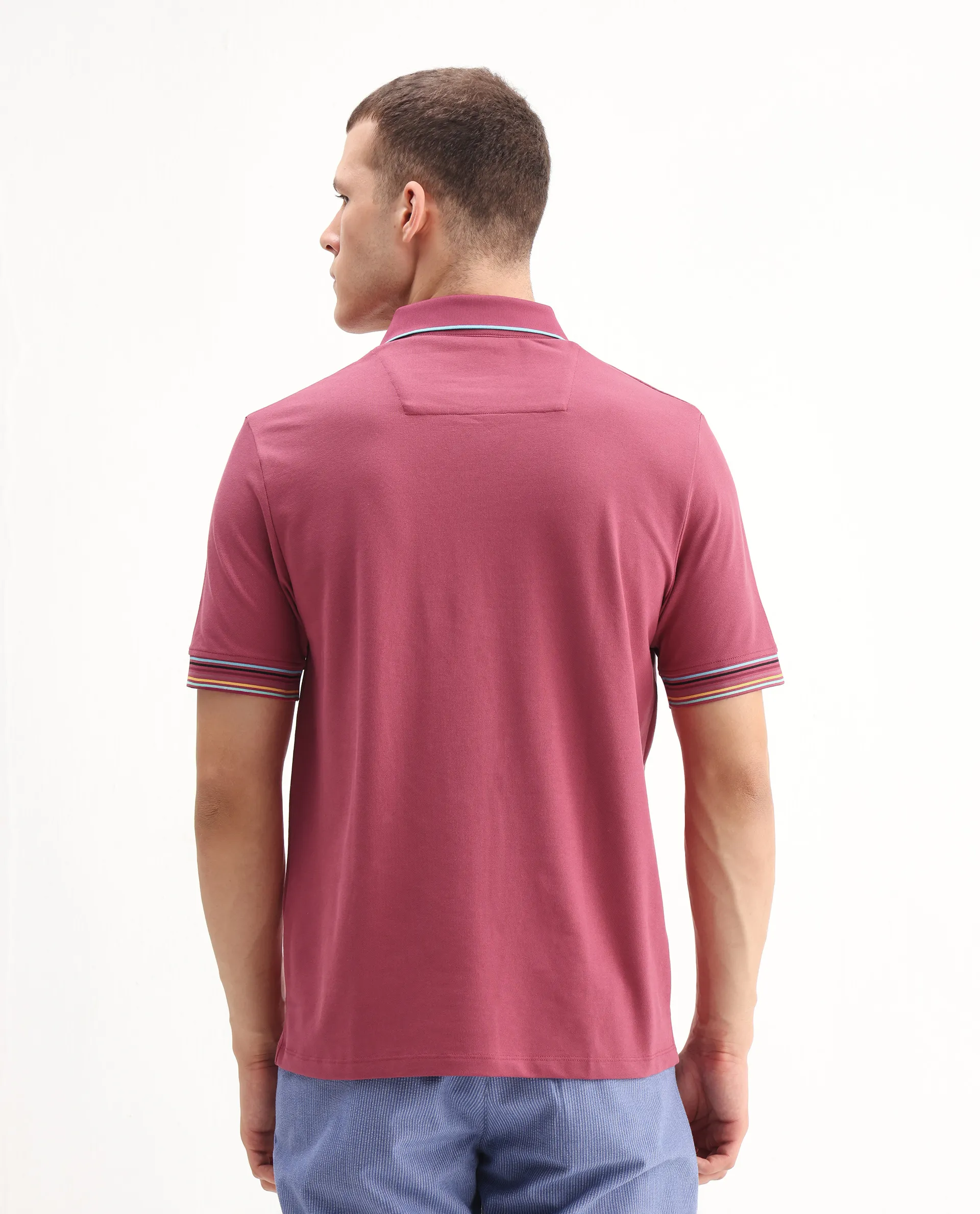 Rare Rabbit Men's Carter Pink Cotton Blend Plain Regular Fit Half Sleeve Polo - Image 6