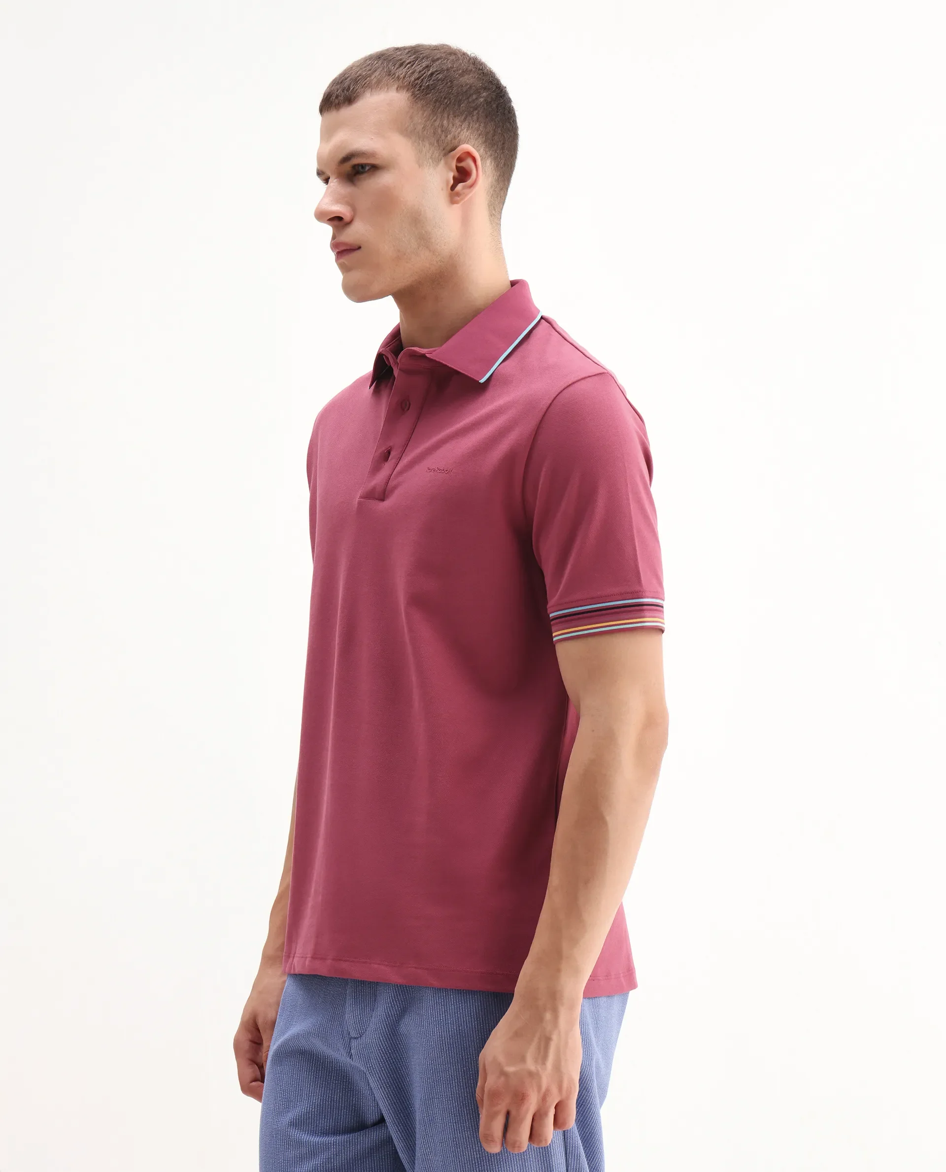 Rare Rabbit Men's Carter Pink Cotton Blend Plain Regular Fit Half Sleeve Polo - Image 7