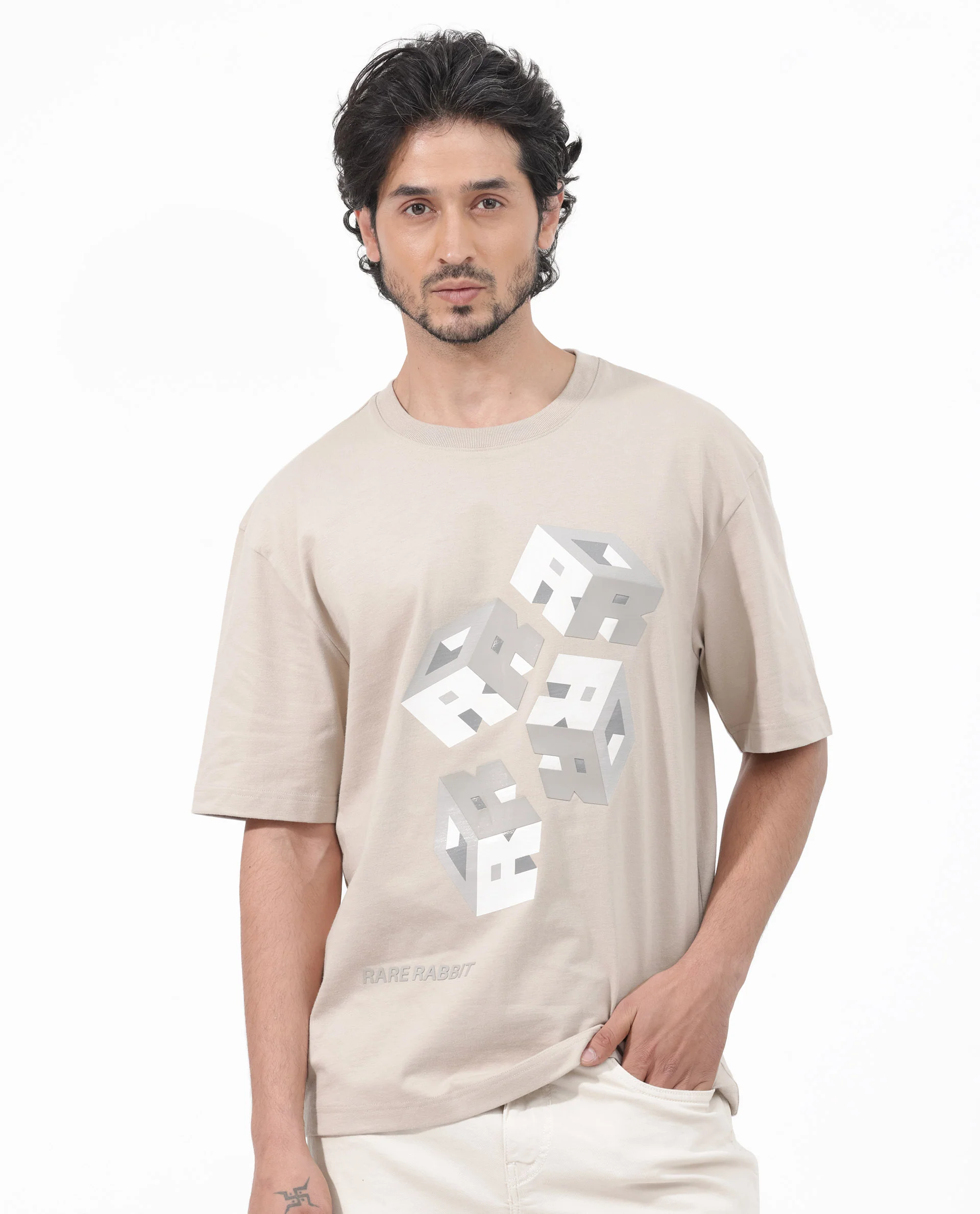 Rare Rabbit Articale Mens Carter Dusky Beige Cotton Fabric Short Sleeve Crew Neck Boxy Fit Printed T-Shirt - Image 4