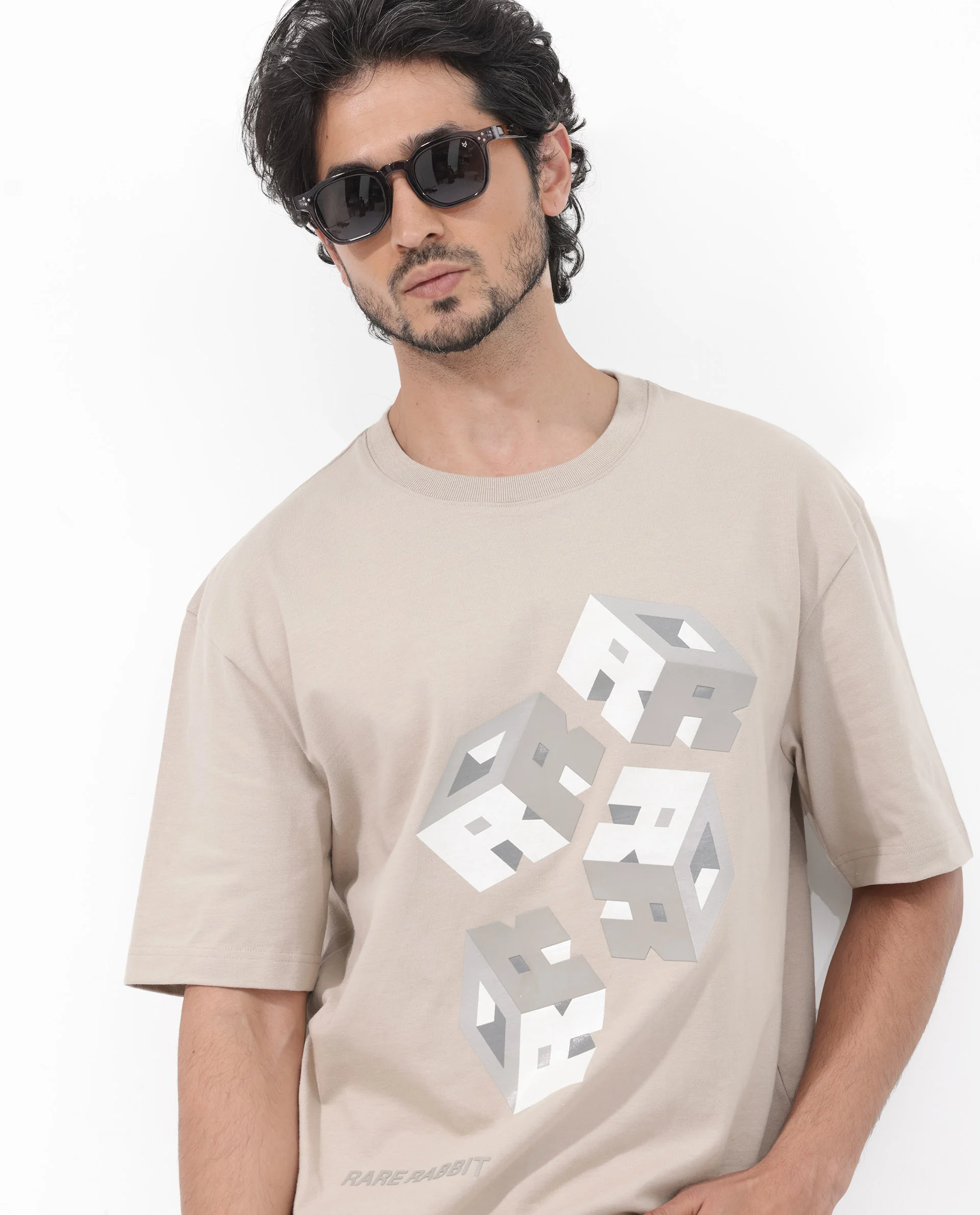 Rare Rabbit Articale Mens Carter Dusky Beige Cotton Fabric Short Sleeve Crew Neck Boxy Fit Printed T-Shirt - Image 6