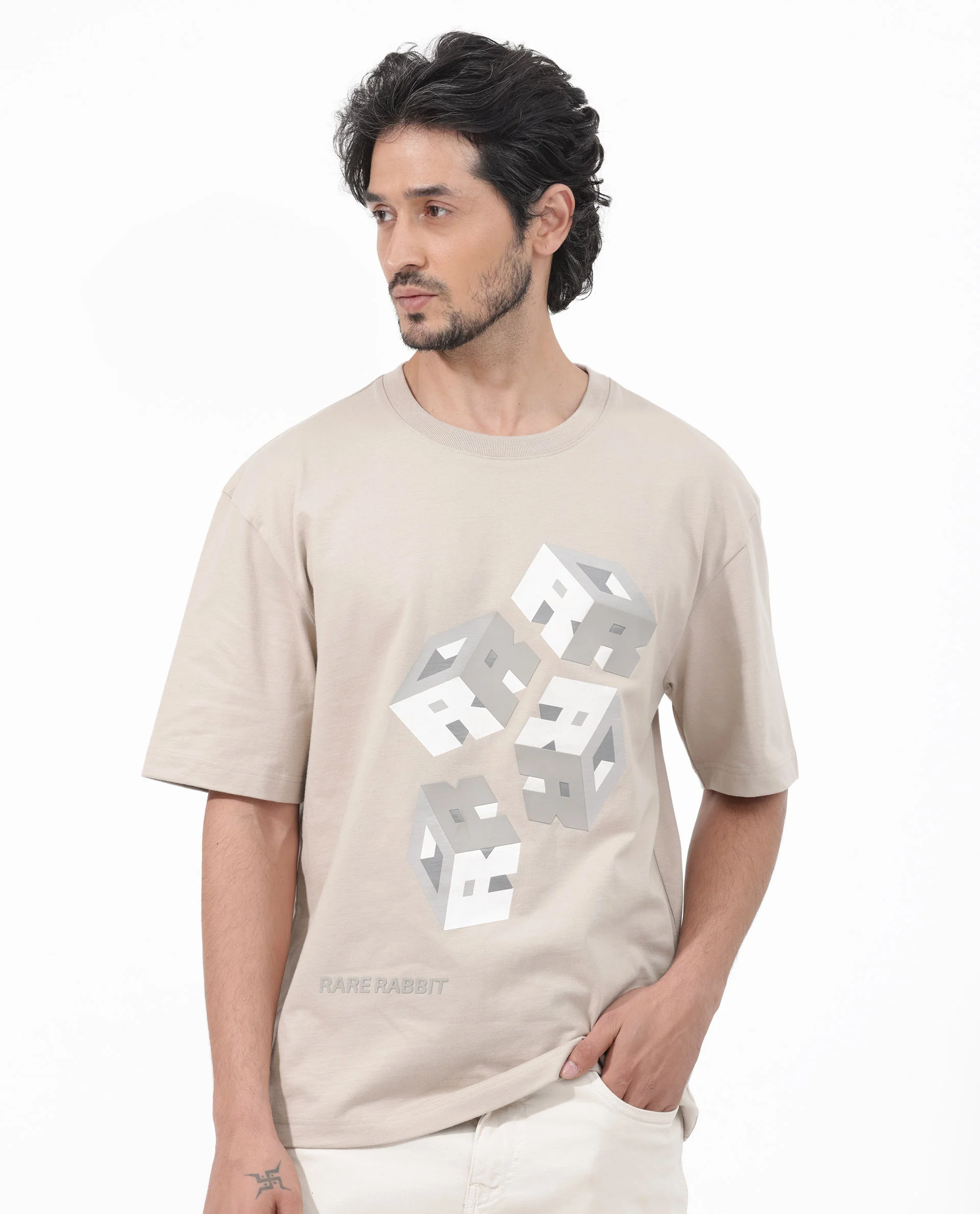 Rare Rabbit Articale Mens Carter Dusky Beige Cotton Fabric Short Sleeve Crew Neck Boxy Fit Printed T-Shirt - Image 7