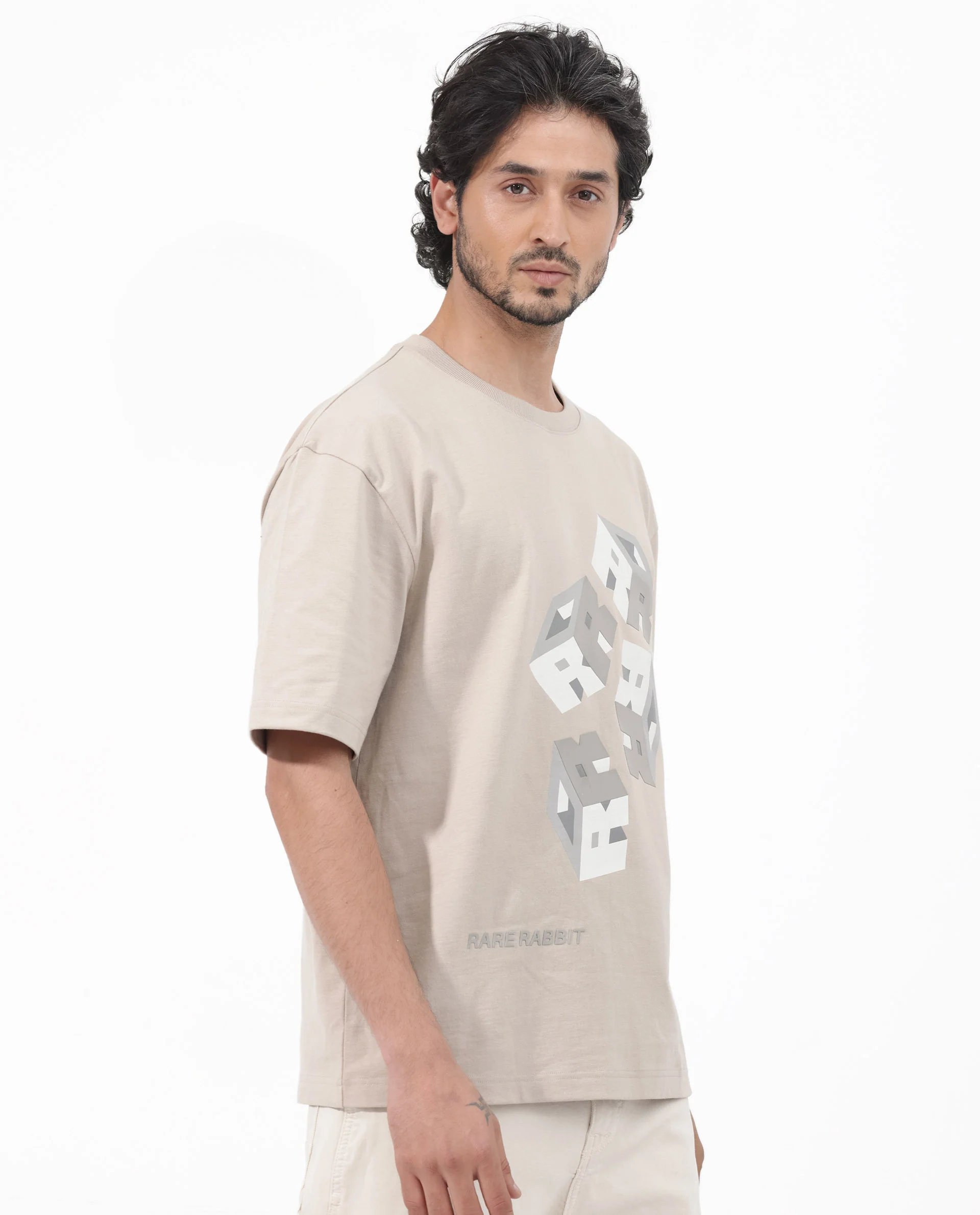 Rare Rabbit Articale Mens Carter Dusky Beige Cotton Fabric Short Sleeve Crew Neck Boxy Fit Printed T-Shirt - Image 8
