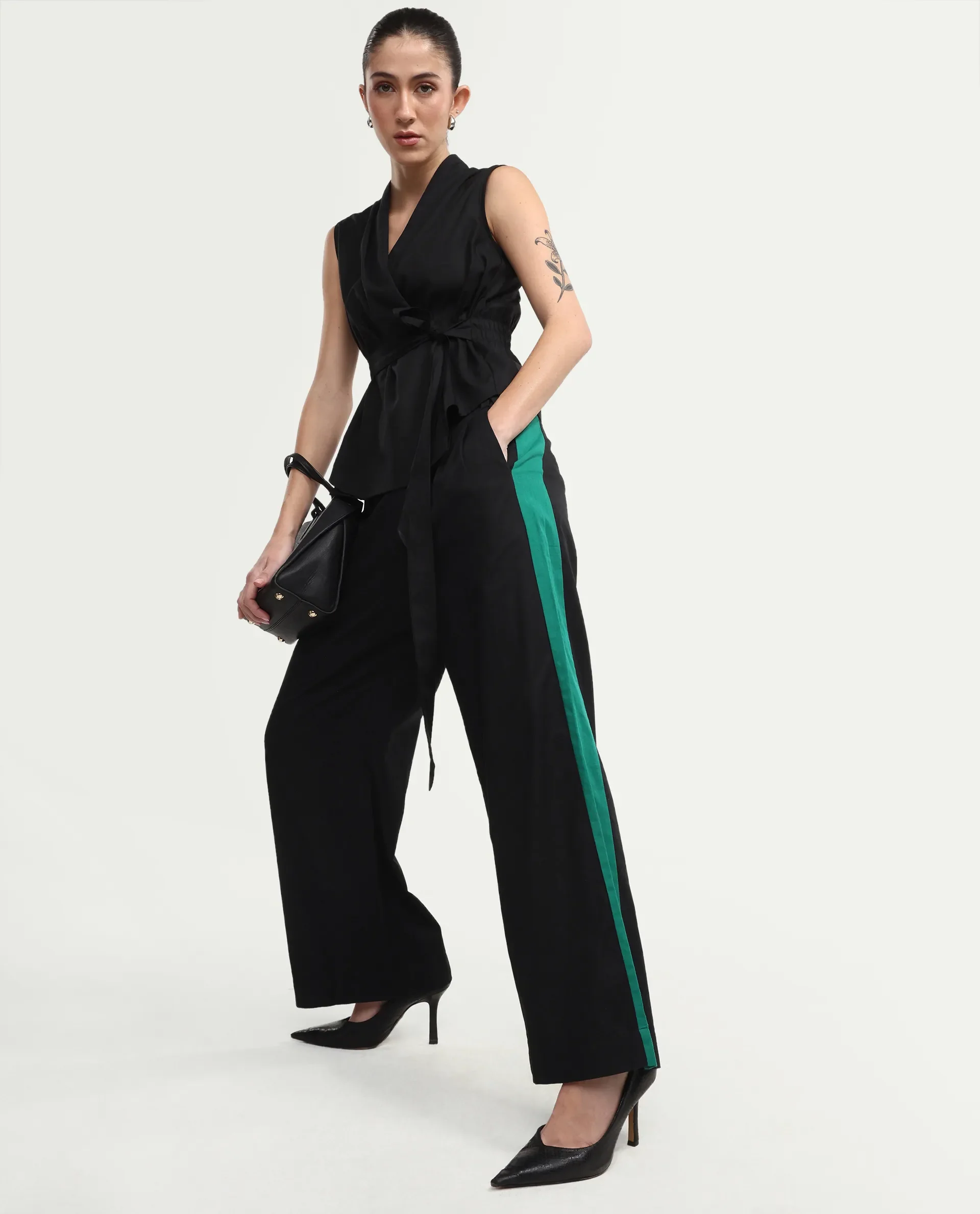 Rareism Women's Caruana-B Black Cotton Color Block Ankle Length Straight Fit Trouser - Image 2