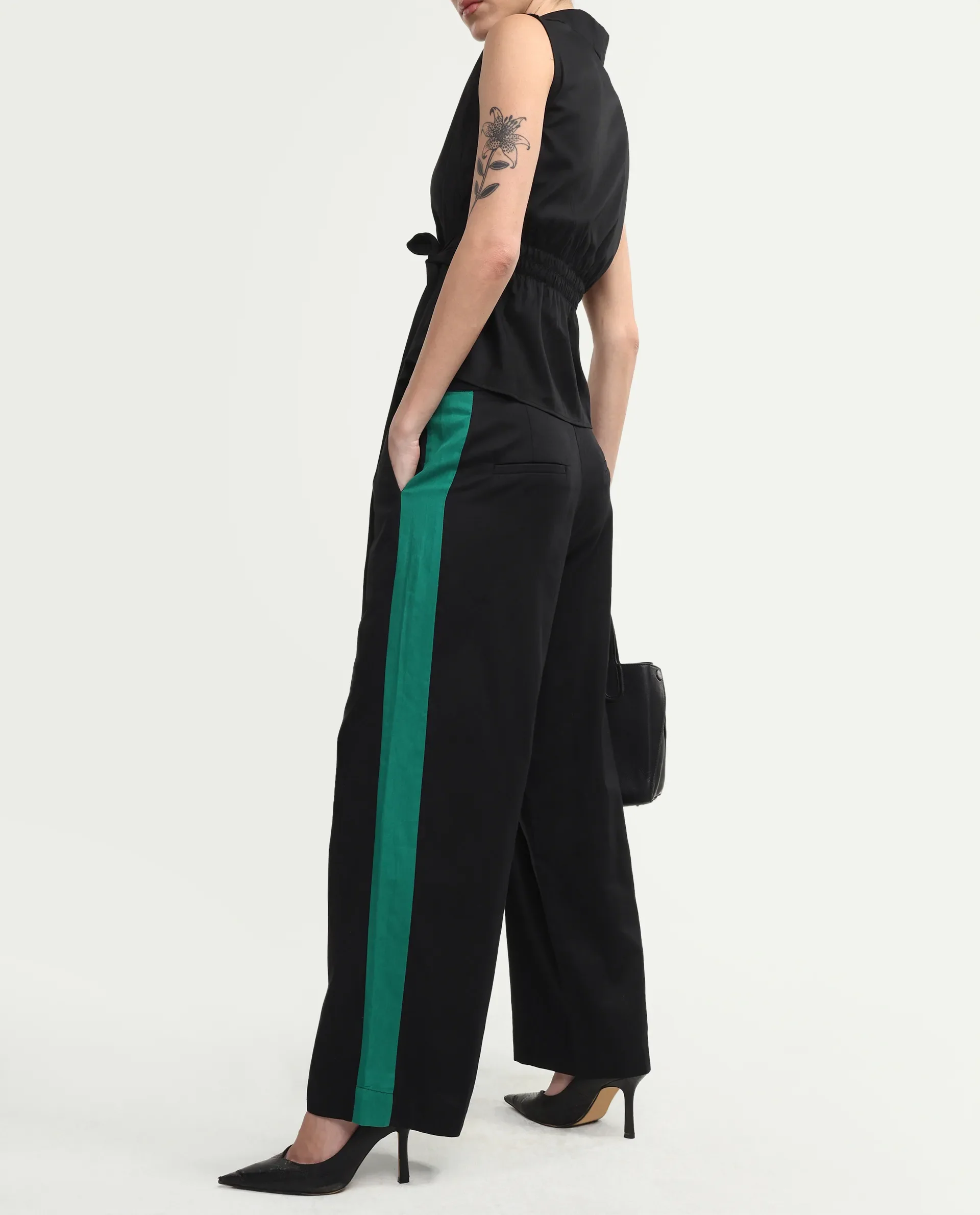 Rareism Women's Caruana-B Black Cotton Color Block Ankle Length Straight Fit Trouser - Image 3