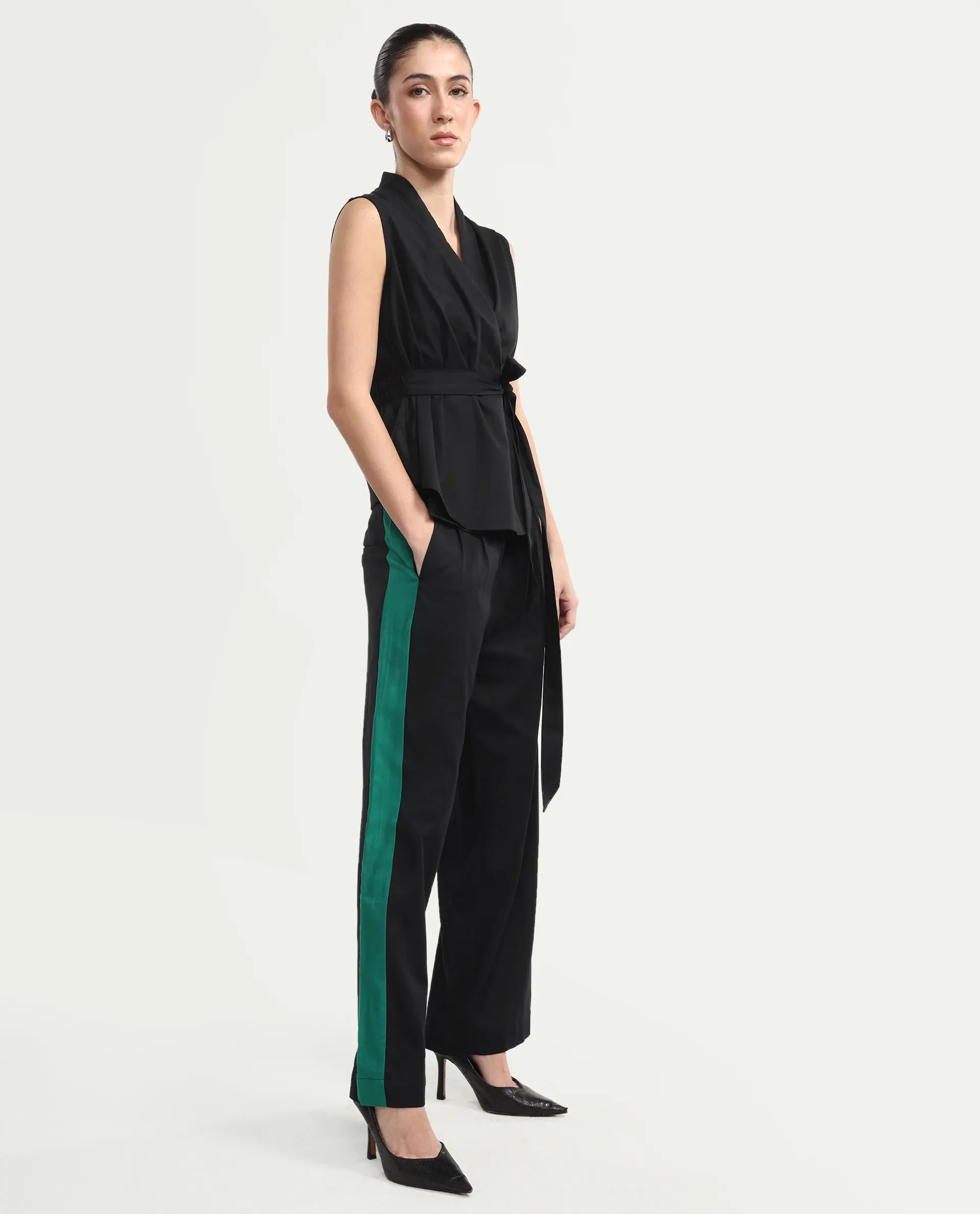 Rareism Women's Caruana-B Black Cotton Color Block Ankle Length Straight Fit Trouser - Image 5
