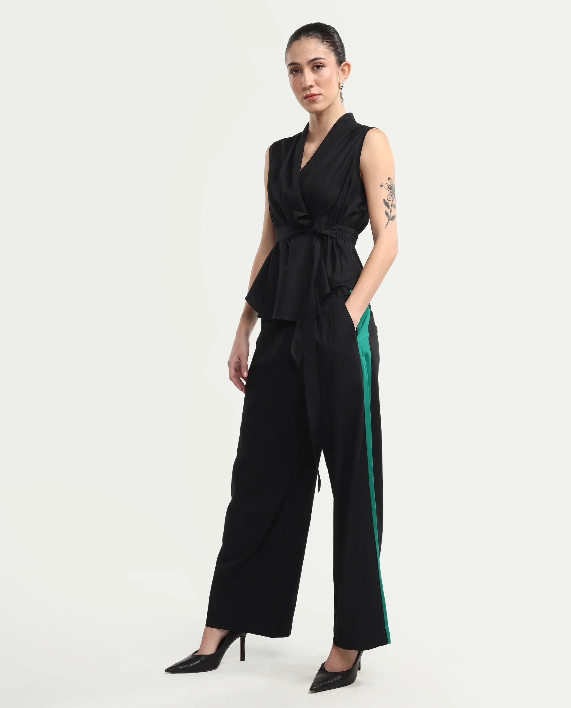 Rareism Women's Caruana-B Black Cotton Color Block Ankle Length Straight Fit Trouser - Image 6