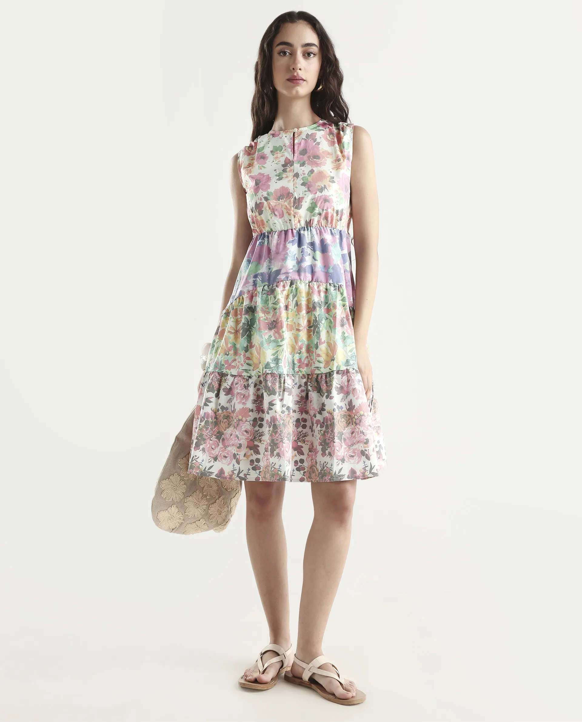 Rareism Women's Carys Multi Polyester Key Hole Neck Floral Print Sleeveless Knee Length Regular Fit Dress