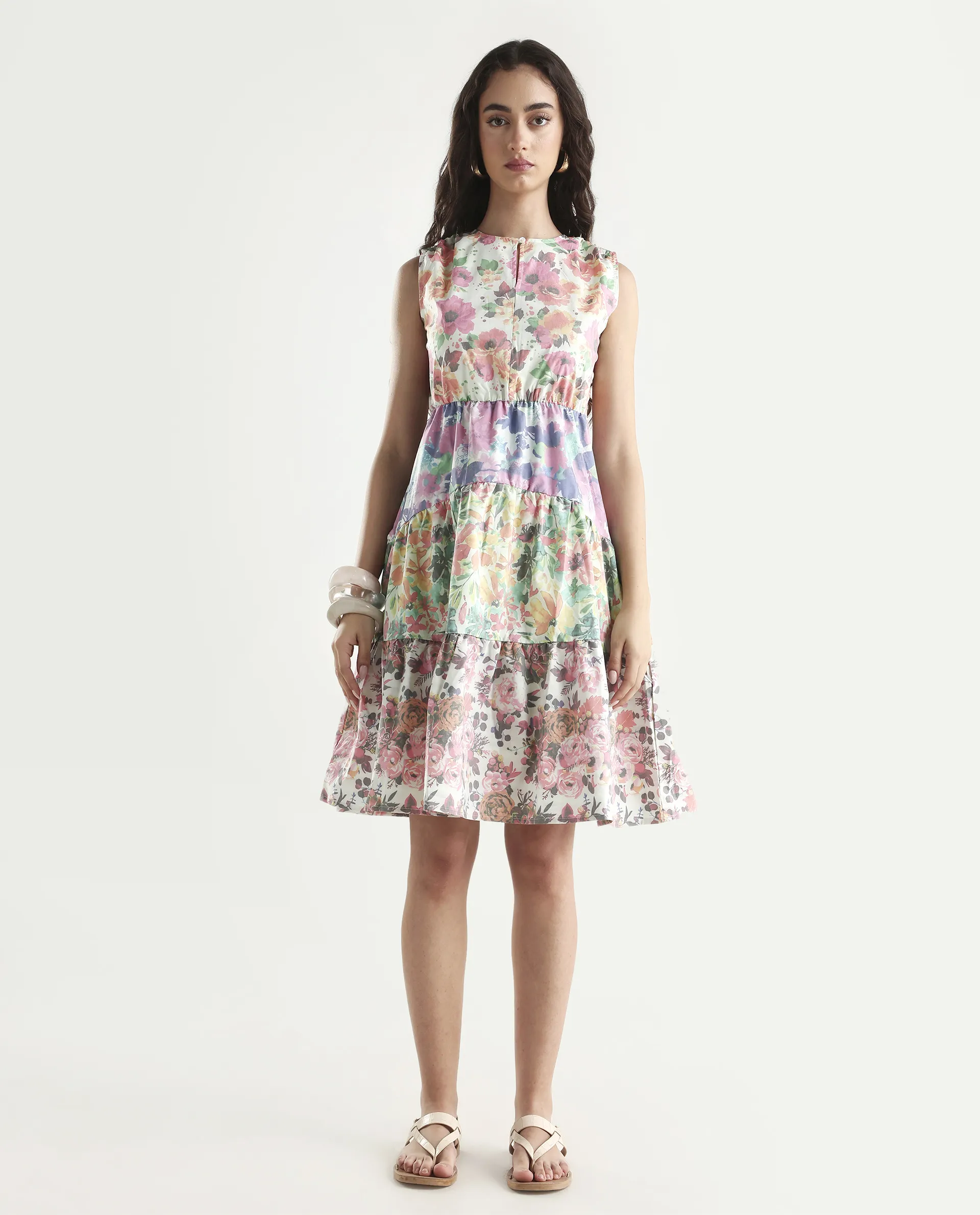 Rareism Women's Carys Multi Polyester Key Hole Neck Floral Print Sleeveless Knee Length Regular Fit Dress - Image 2
