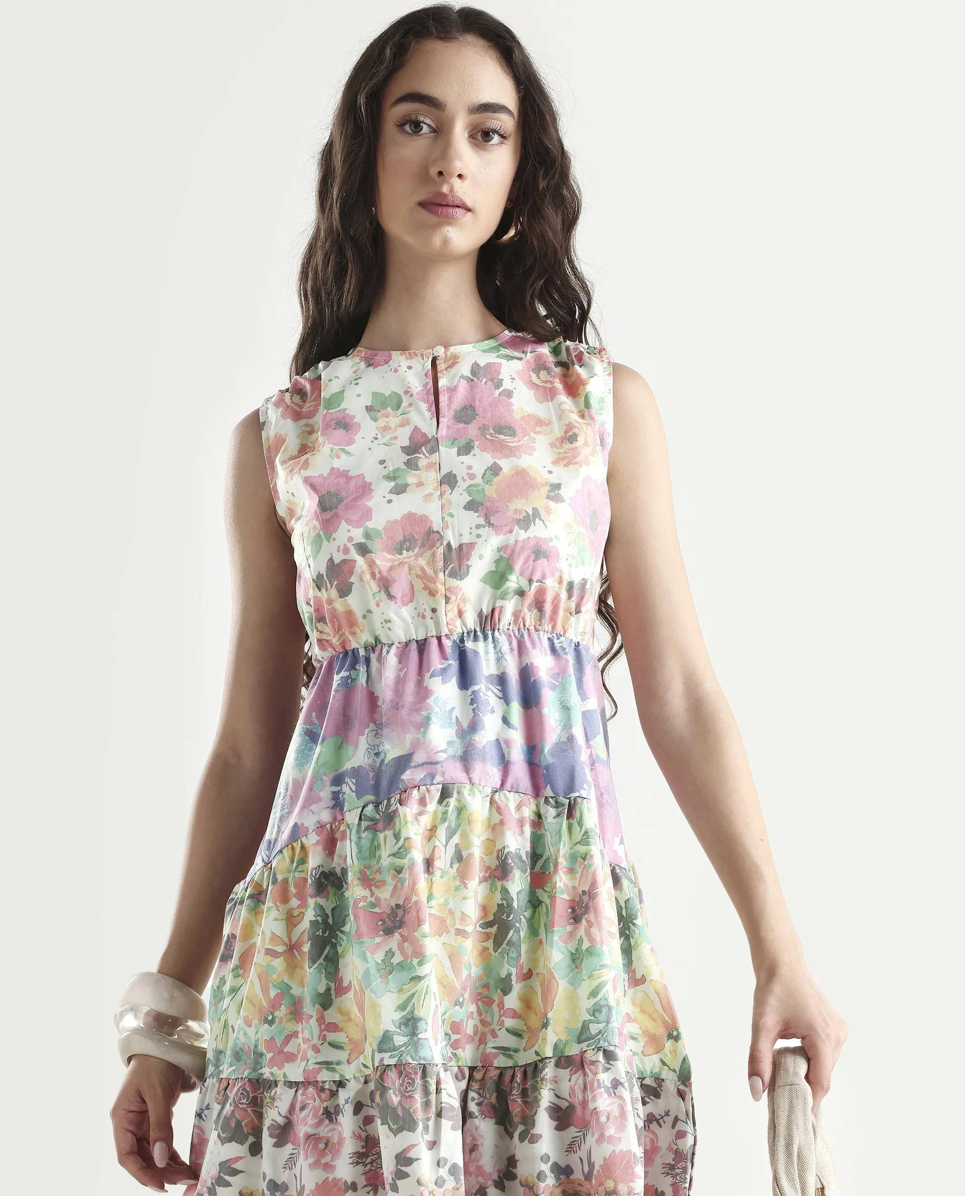 Rareism Women's Carys Multi Polyester Key Hole Neck Floral Print Sleeveless Knee Length Regular Fit Dress - Image 3