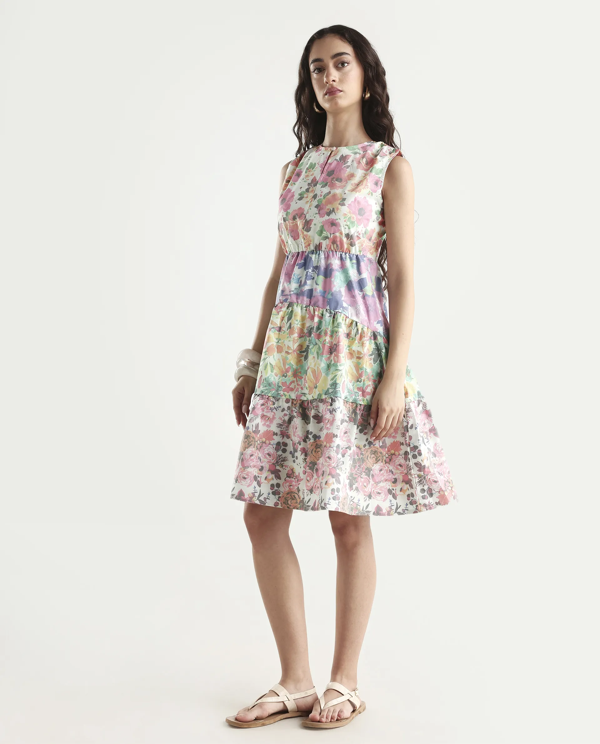 Rareism Women's Carys Multi Polyester Key Hole Neck Floral Print Sleeveless Knee Length Regular Fit Dress - Image 5