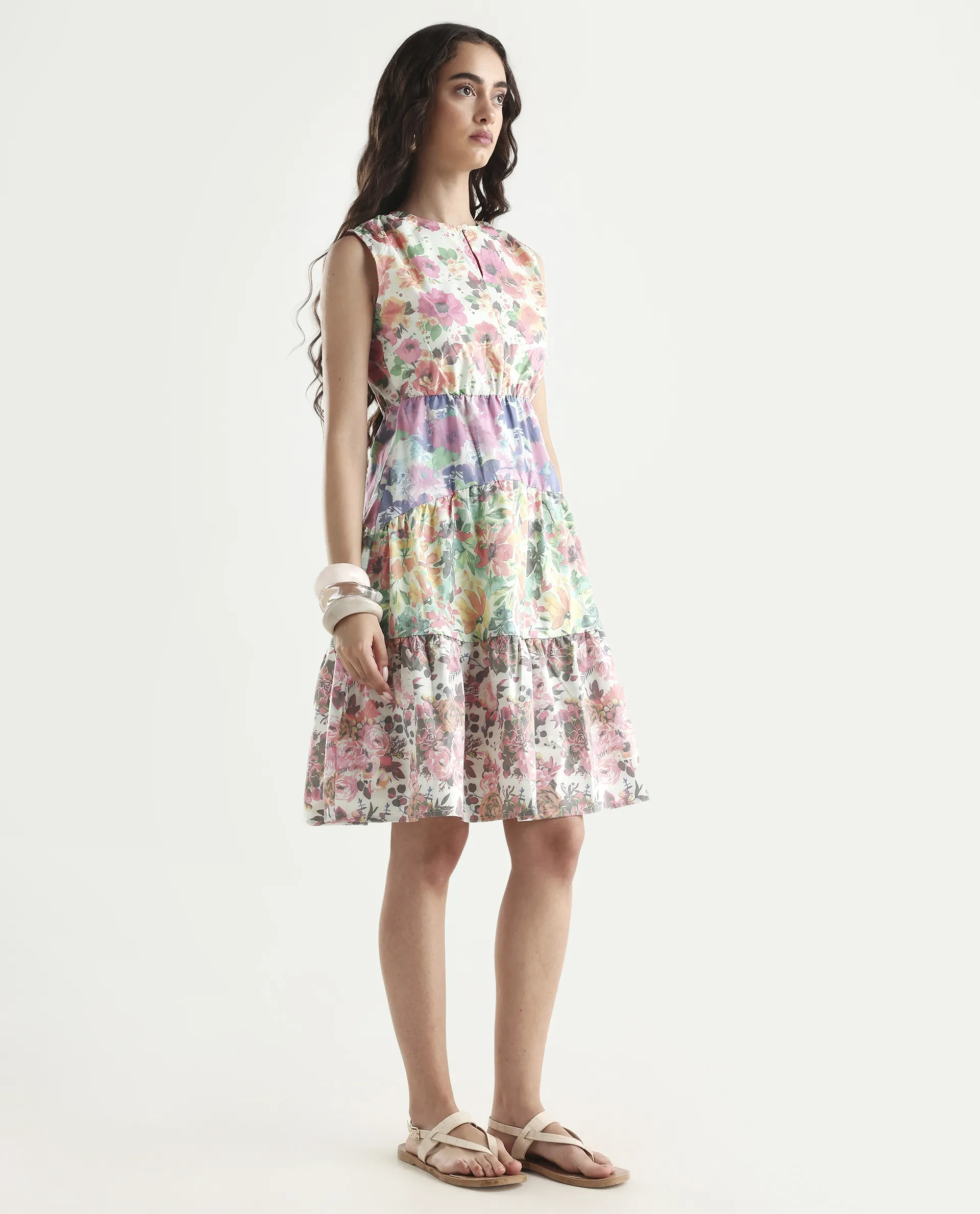 Rareism Women's Carys Multi Polyester Key Hole Neck Floral Print Sleeveless Knee Length Regular Fit Dress - Image 6