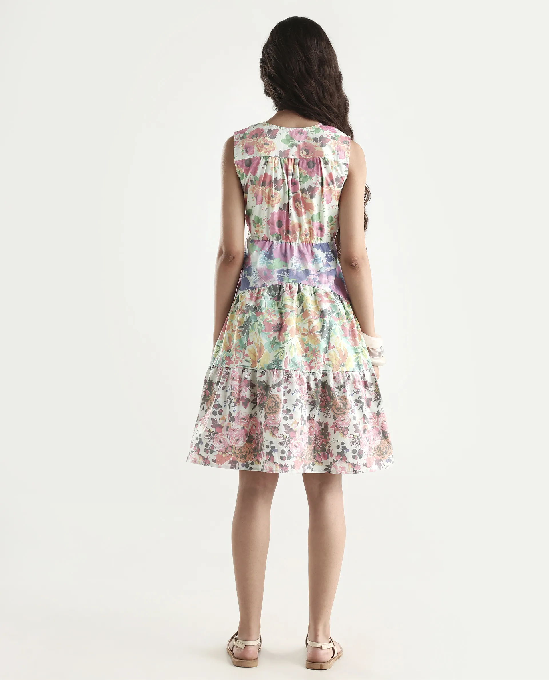 Rareism Women's Carys Multi Polyester Key Hole Neck Floral Print Sleeveless Knee Length Regular Fit Dress - Image 7
