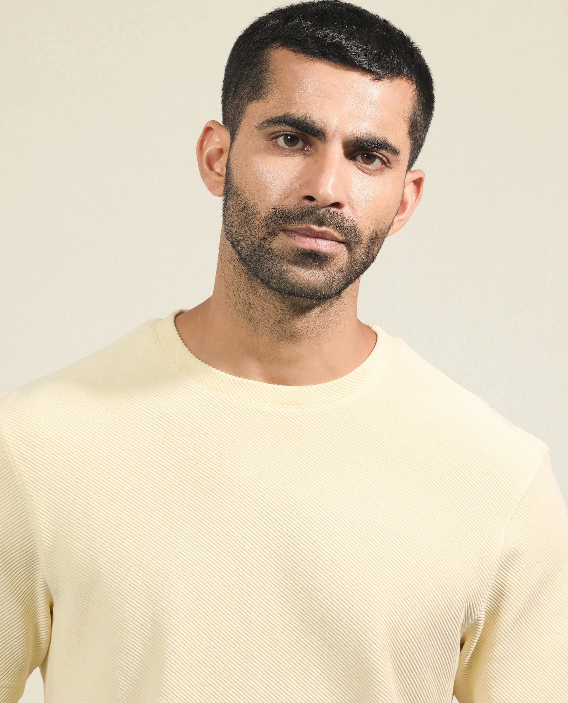 Rare Rabbit Men's Cas Light Yellow Crew Neck Ottoman Textured Drop Shoulder Half Sleeves T-Shirt - Image 2