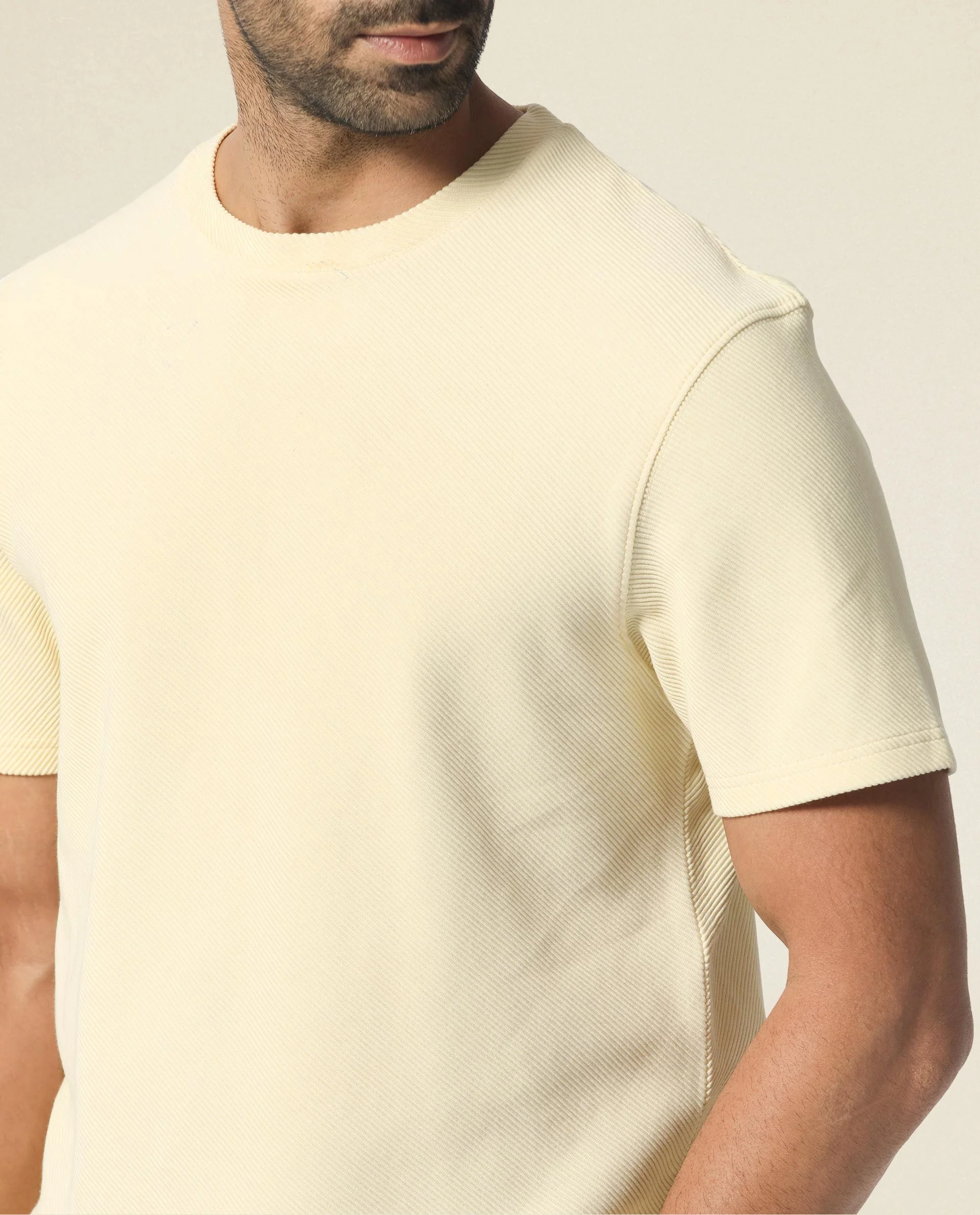 Rare Rabbit Men's Cas Light Yellow Crew Neck Ottoman Textured Drop Shoulder Half Sleeves T-Shirt - Image 3